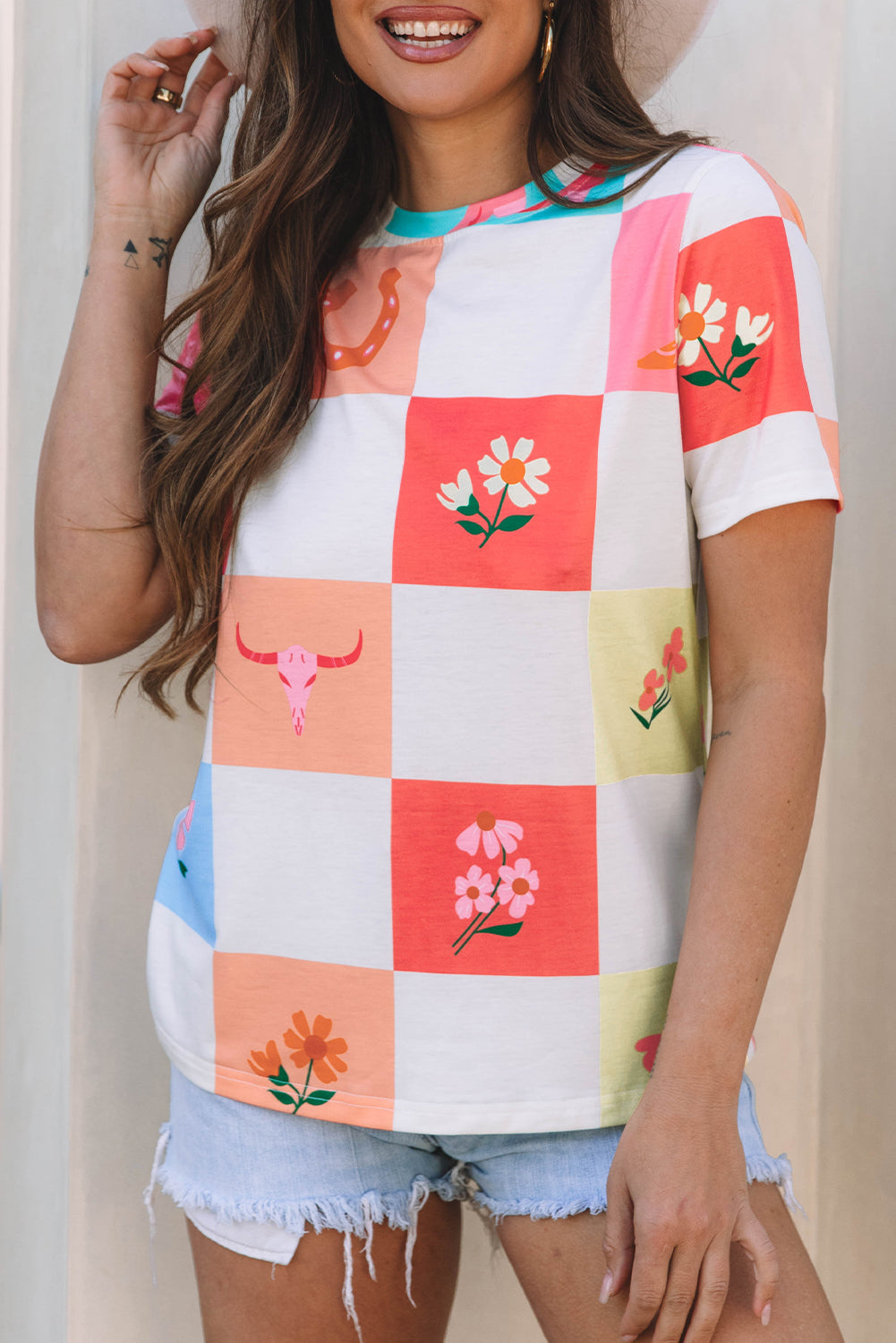 Fashion Checker Western Checker Print Crewneck T Shirt
