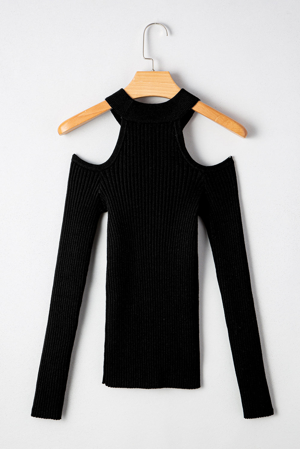 Cold Rib-Knit Knit Shoulder Choker Neck Knit Top in Black