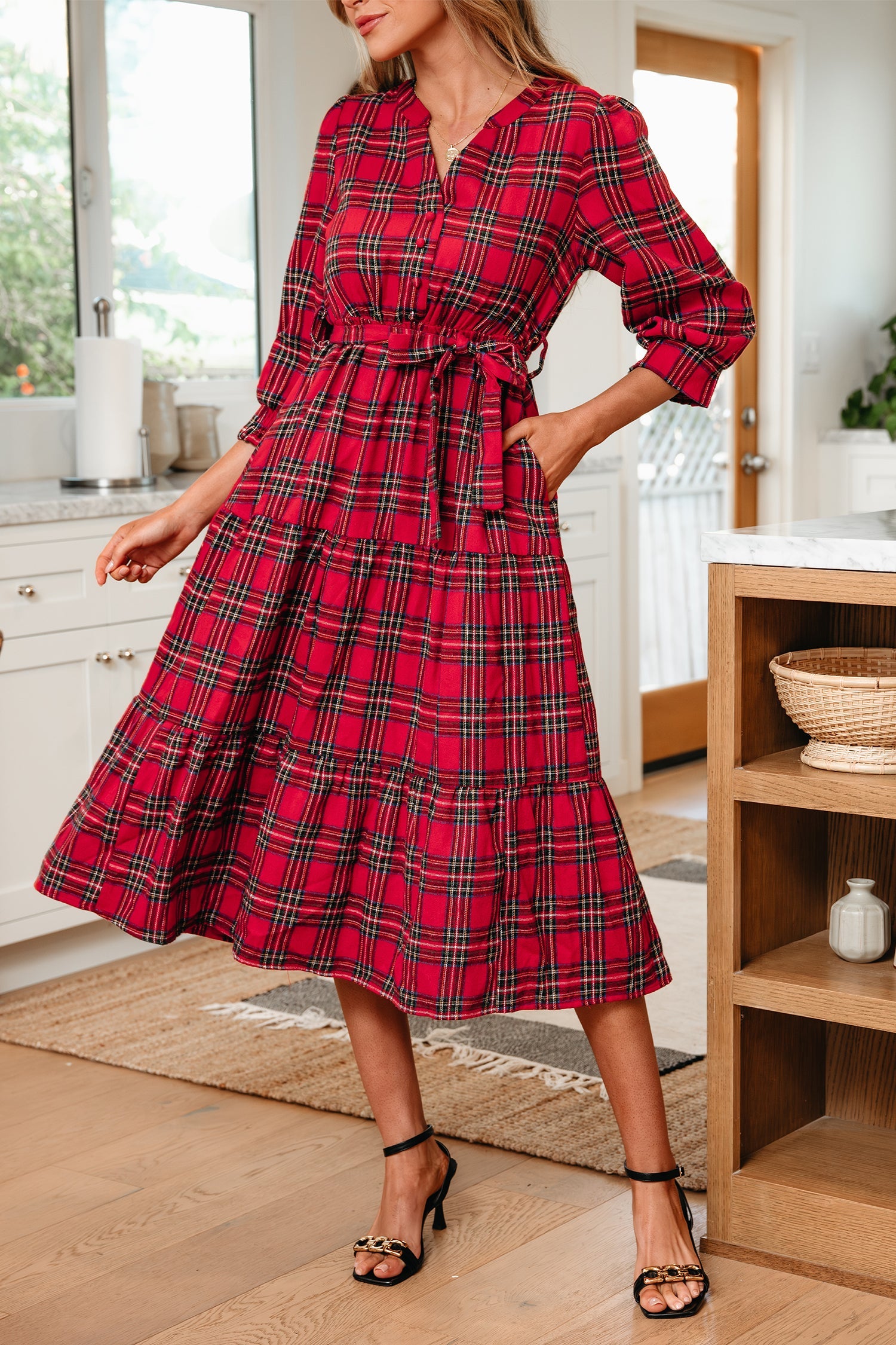 Christmas Plaid V-Neck 3/4 Sleeve Tie Waist Ruffle Hem Long Dress