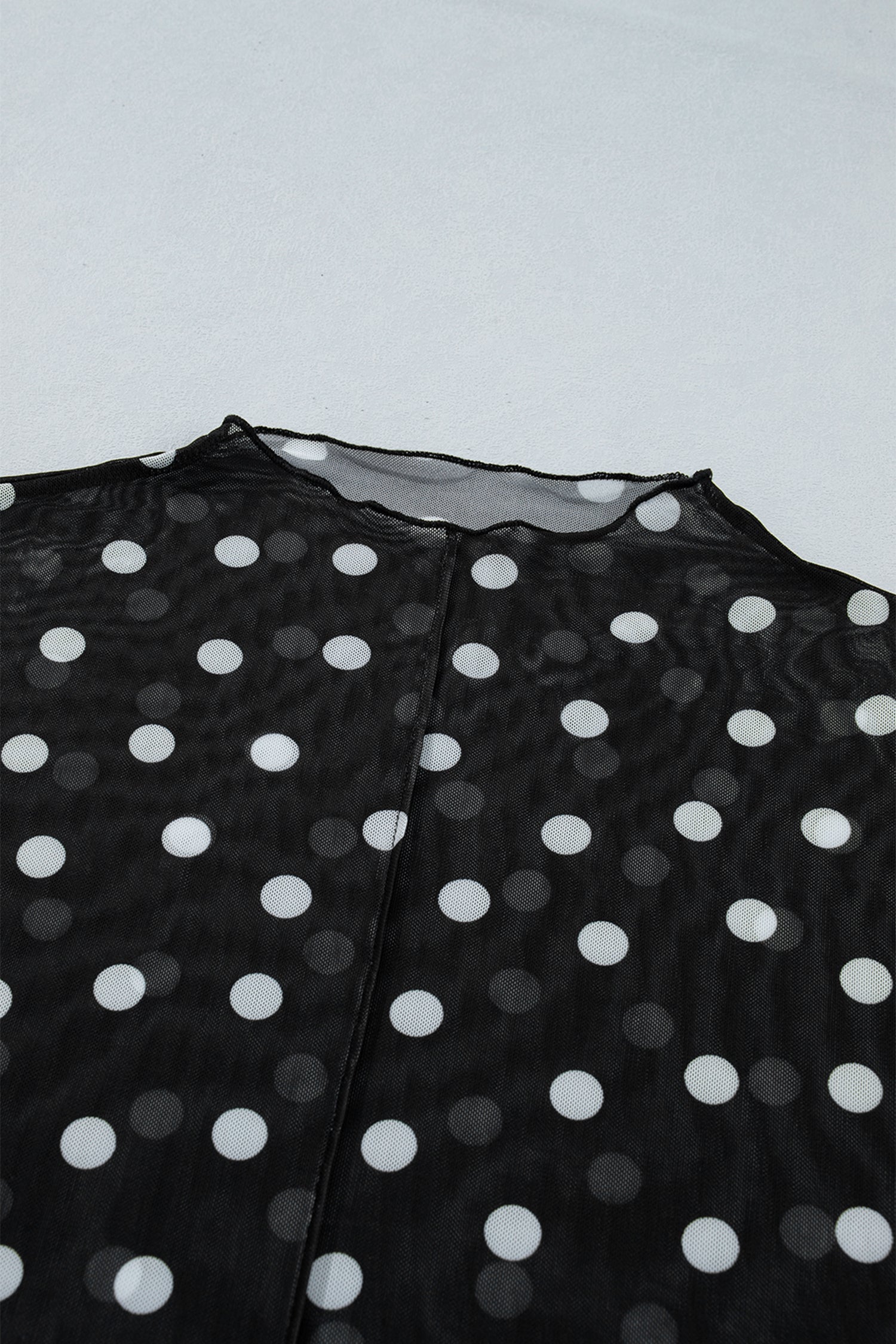 Plus Size Mock-Neck Polka-Dot Long-Sleeved Mesh Top in Black