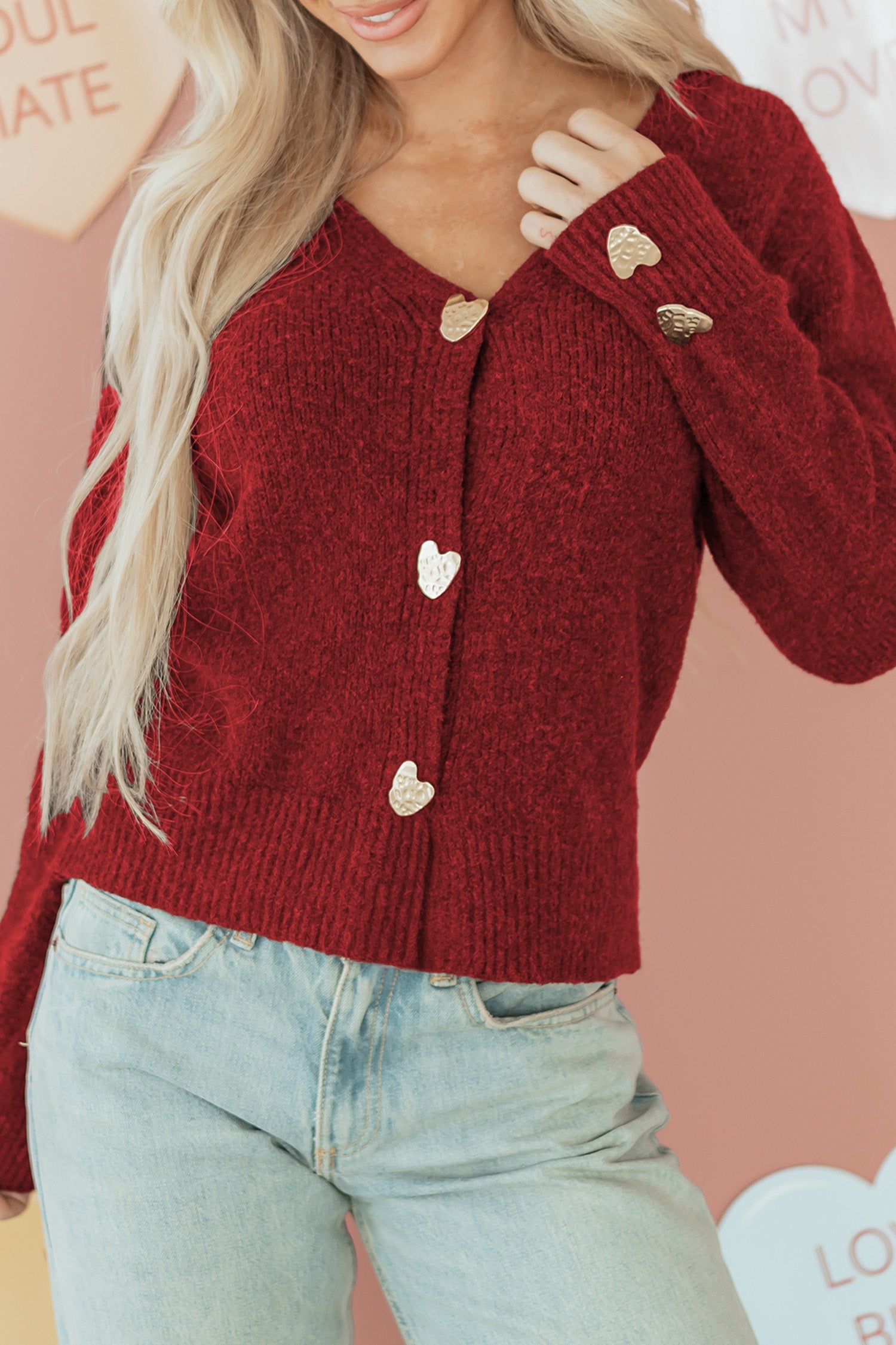 Heart V-Neck Metal Button Wool Cardigan Knit Top in Fiery Red