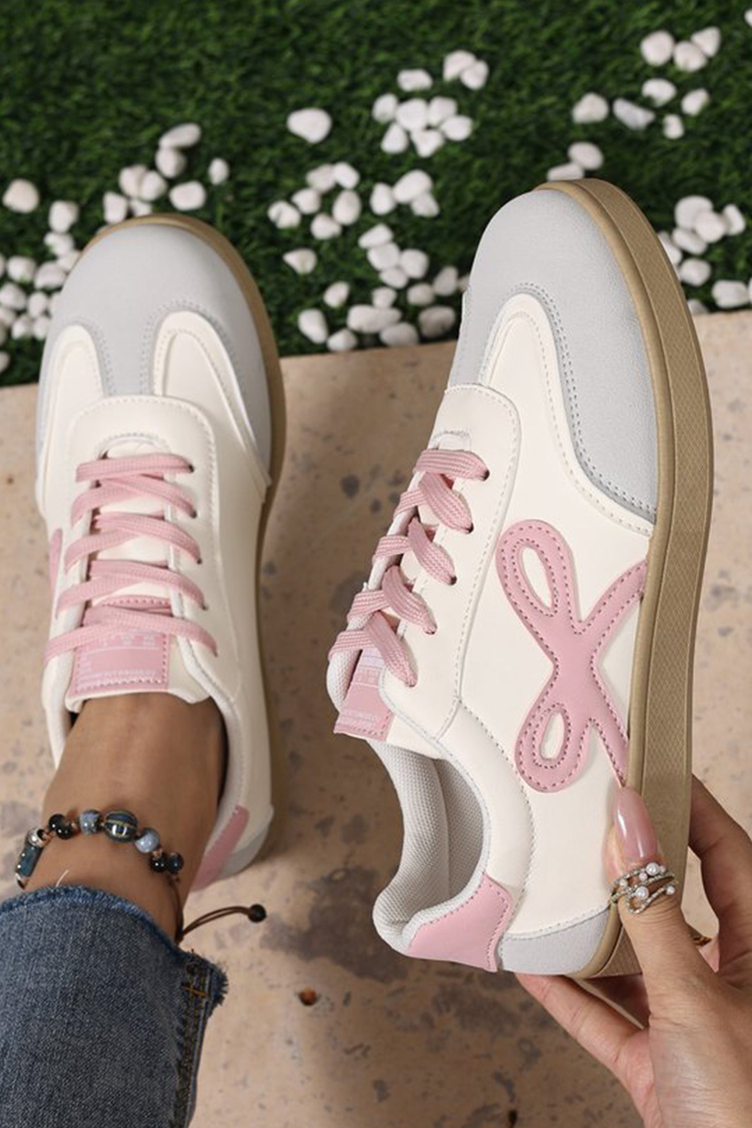 Pink Bow Cute Bow Patch Colorblock PU Leather Sneakers