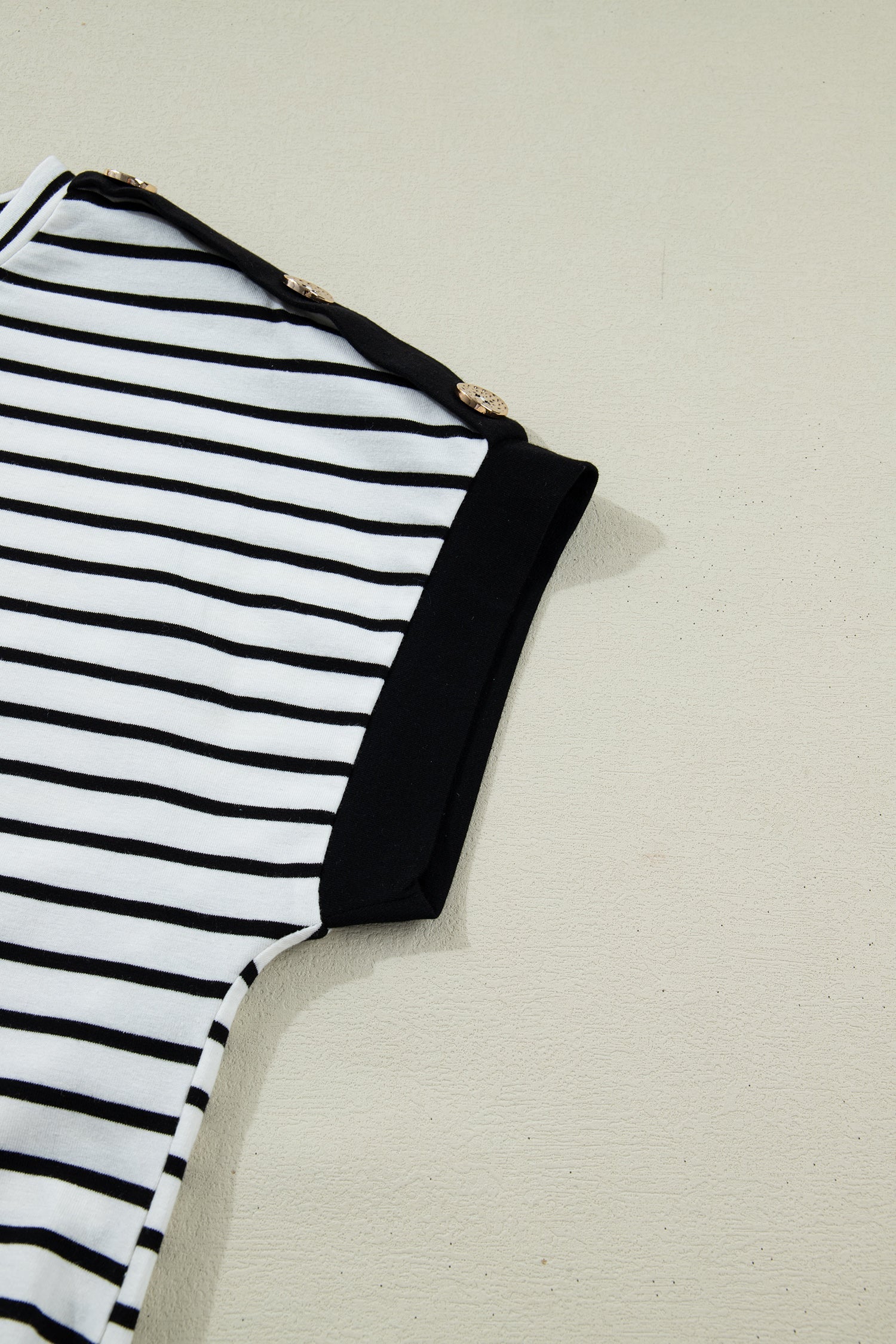Cuffed Sleeve Stripe Sleeve Button Detail Loose Tee in Black