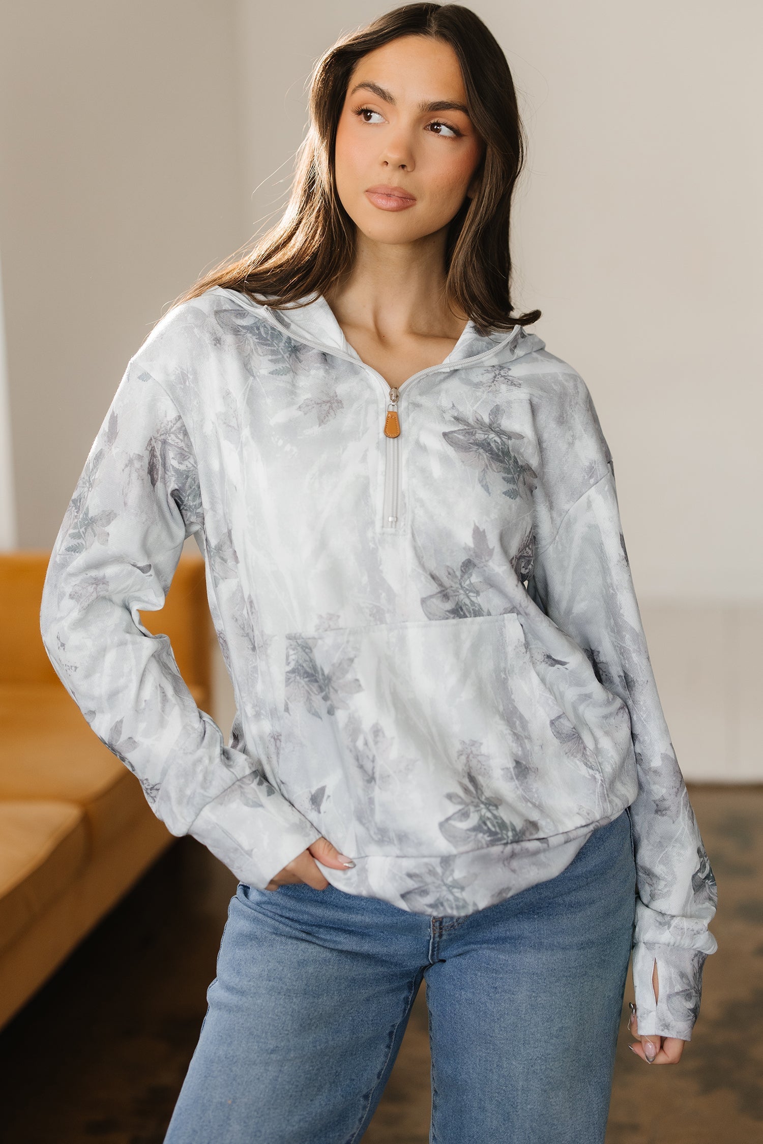 Print Camo Leaf Kangaroo Pocket Quarter Zip Hoodie