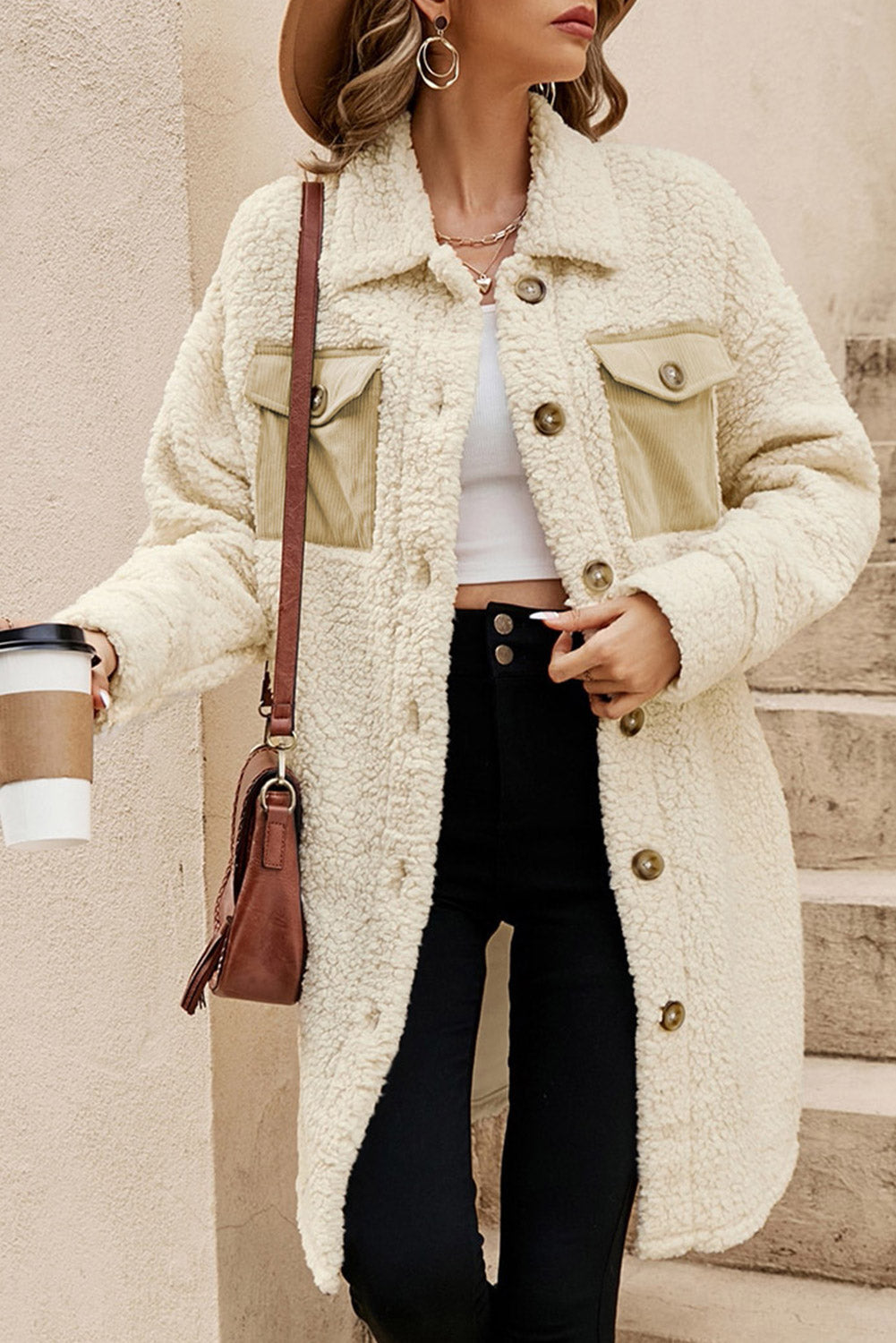 Contrast Flap Pocket Single Breasted Teddy Coat in Beige