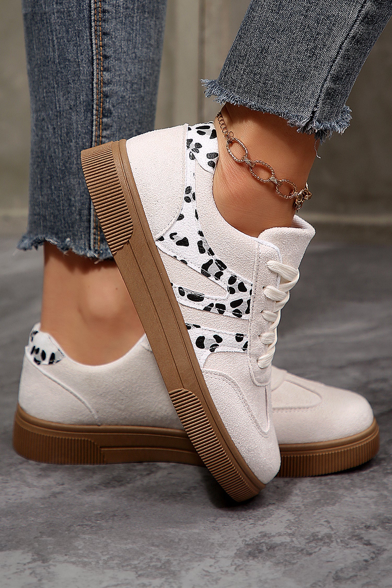 Suede Leopard Colorblock Trim Lace-up Everyday Shoes in White