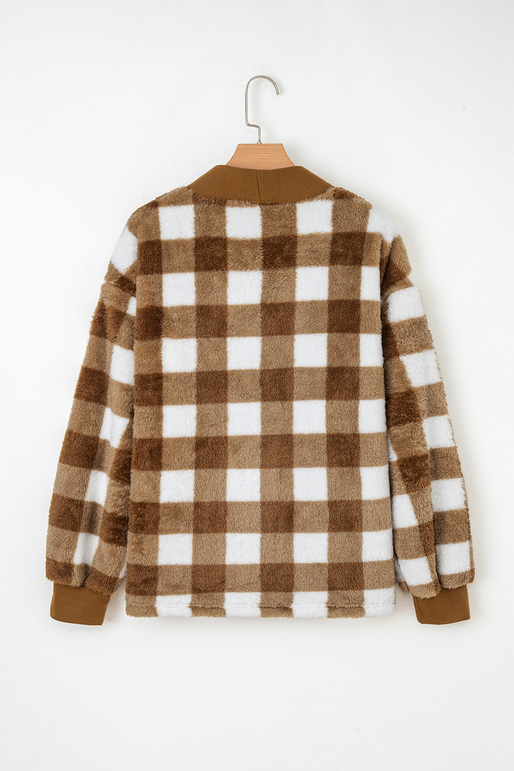 Sherpa Loose Checkered Loose Knit Cardigan Featuring Pockets in Brown