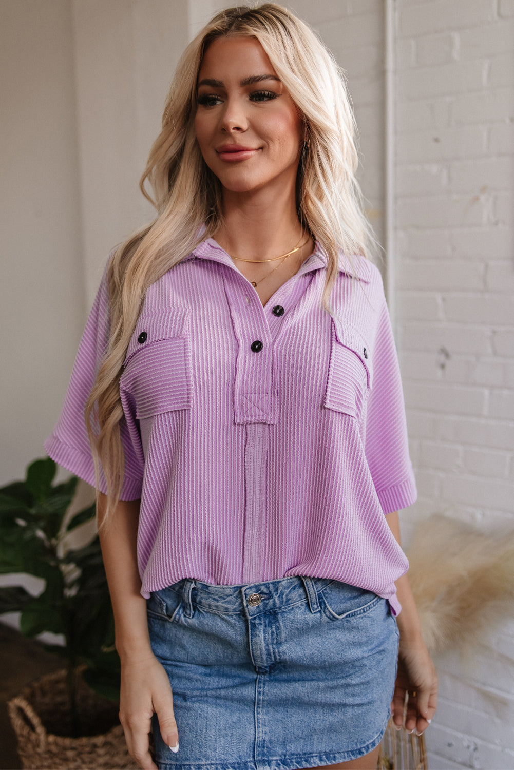Corded Flap Pocket Collared Short Sleeve Blouse