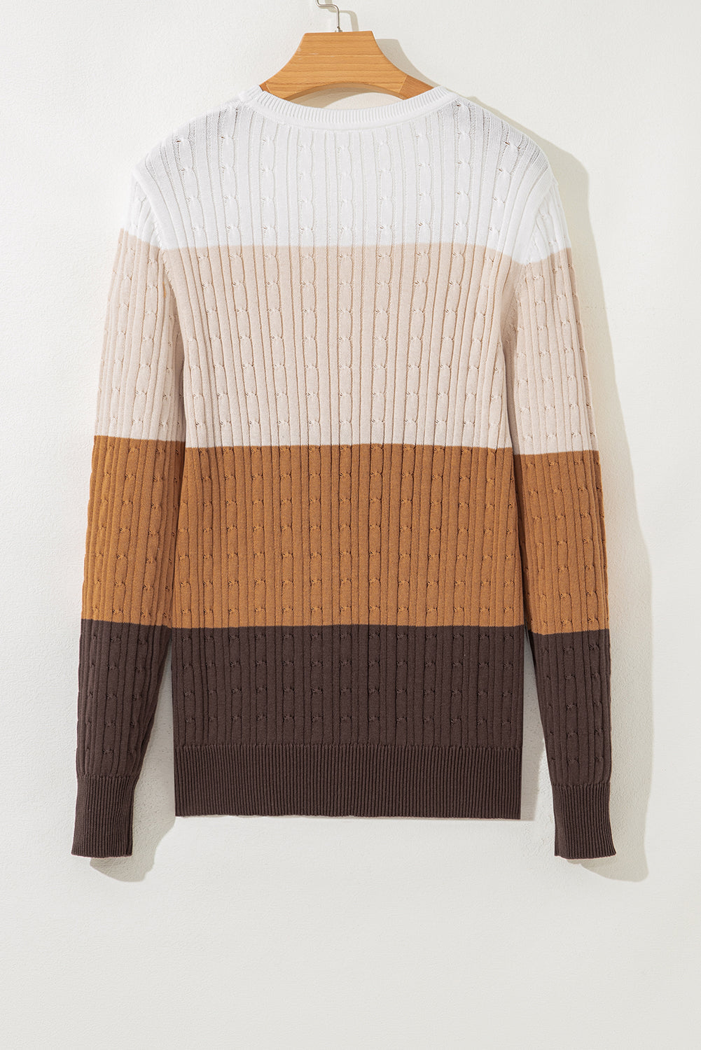 Colorblock Knit Round-Neck Cable Knit Top in Khaki