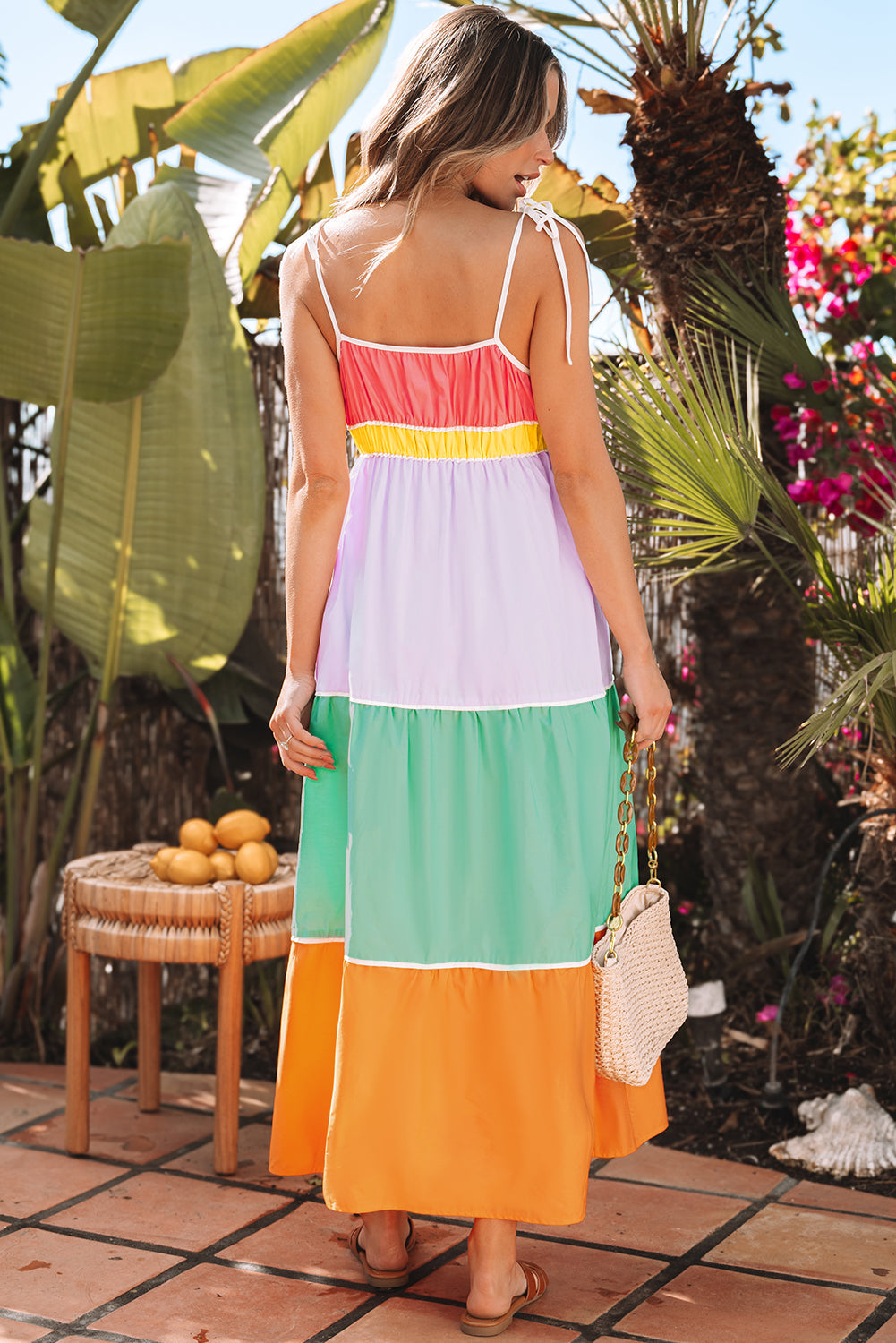 Colorblock Self-tie Straps High Waist Flowy Maxi Dress
