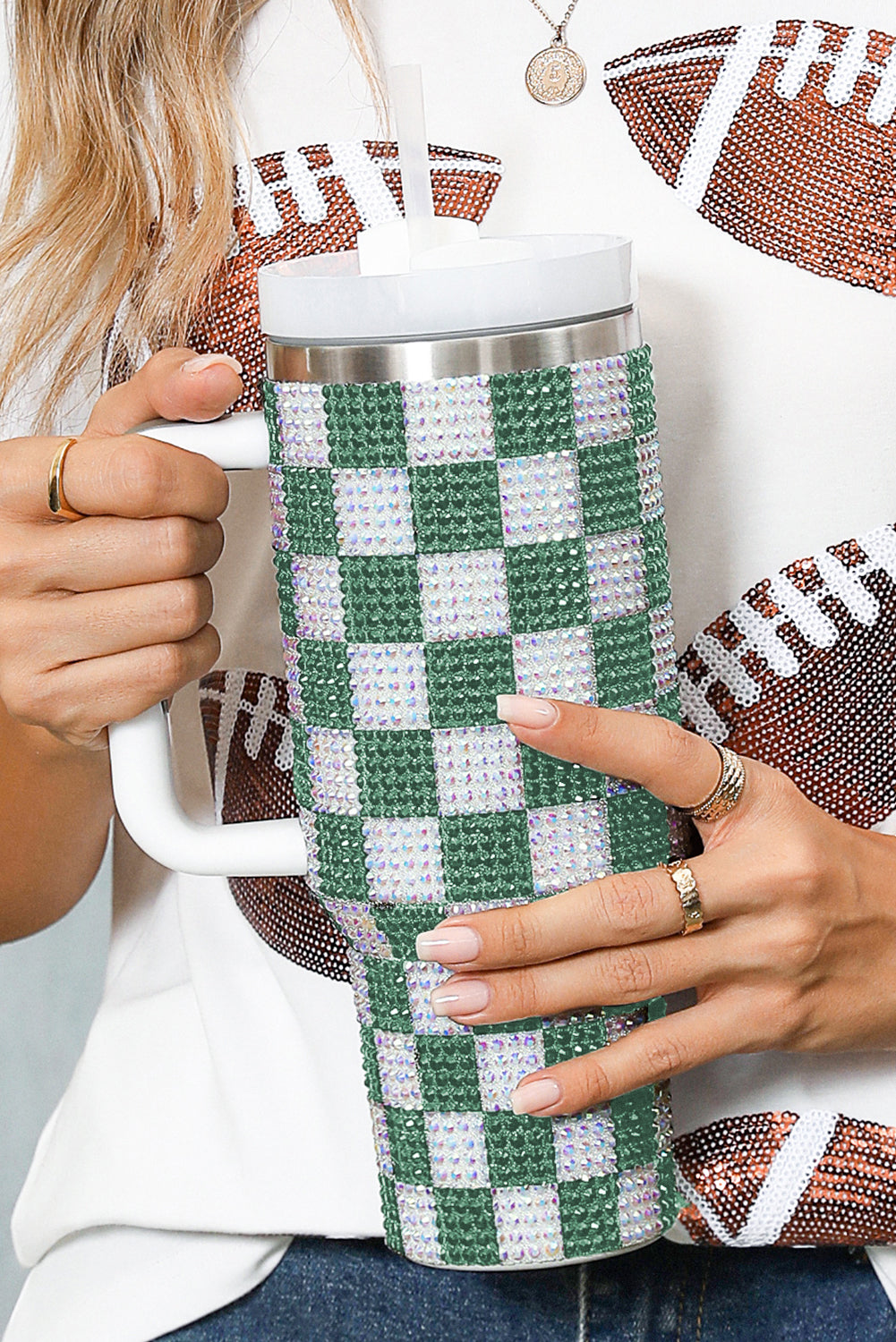 Full Handled Rhinestone Checkerboard Tumbler 40oz