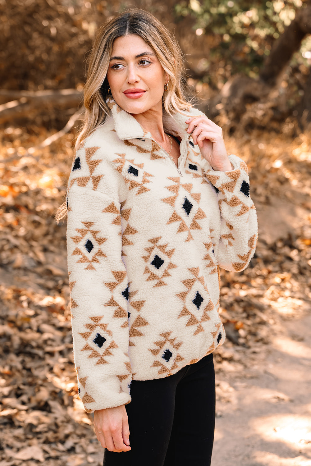 Aztec Print Sherpa Quarter Zip Collar Sweatshirt