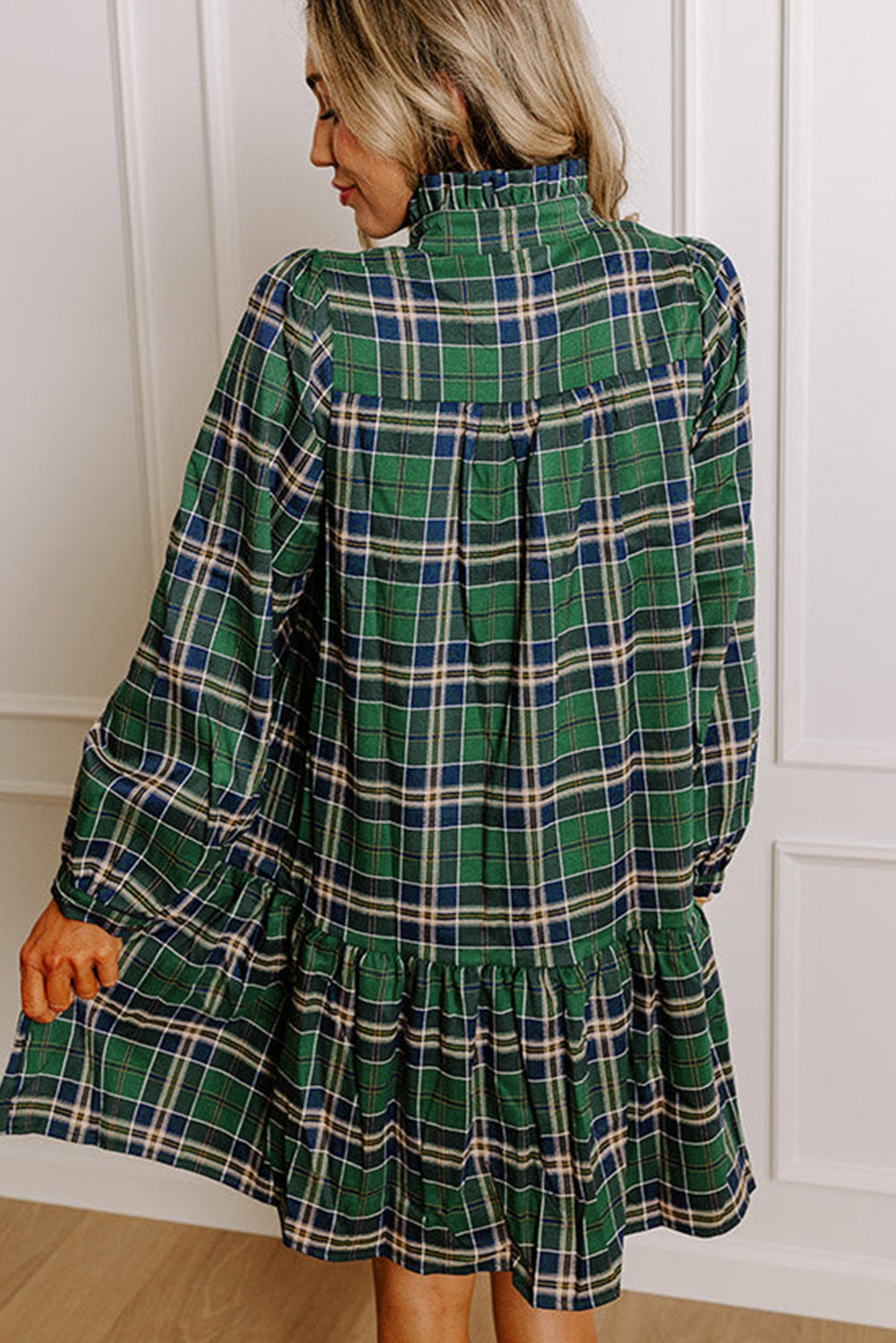 Print Frilly Plaid Frilly Collar Long-Sleeved Shift Mini Dress