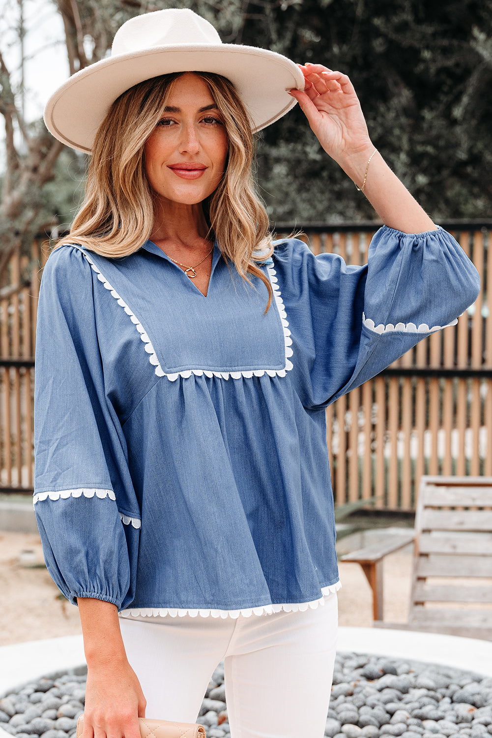 Ric Rac Lace Rac 3/4 Puff Sleeve Collared Babydoll Blouse