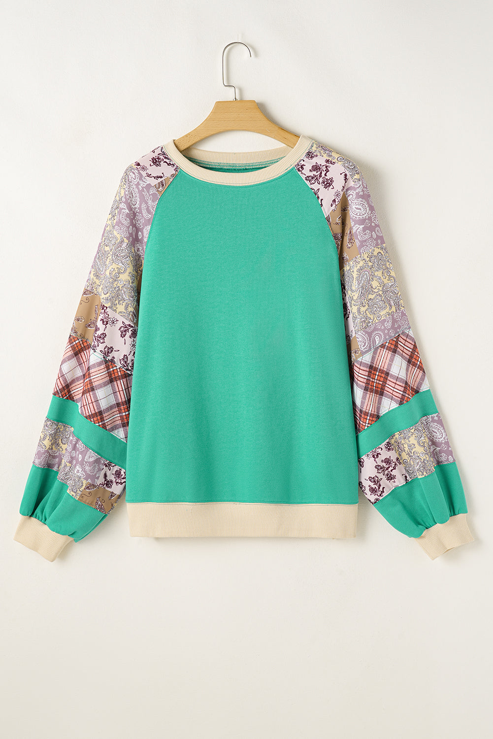 Sweat-shirt chic à manches raglan et patchwork floral à carreaux de grande taille