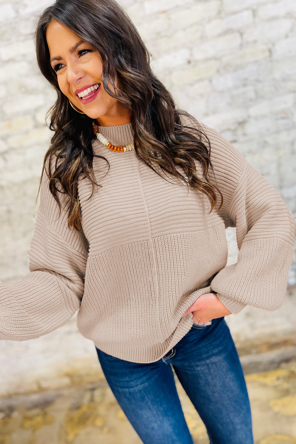 Texture Patchwork Mixed Patchwork Knit Puff Sleeve Knit Top