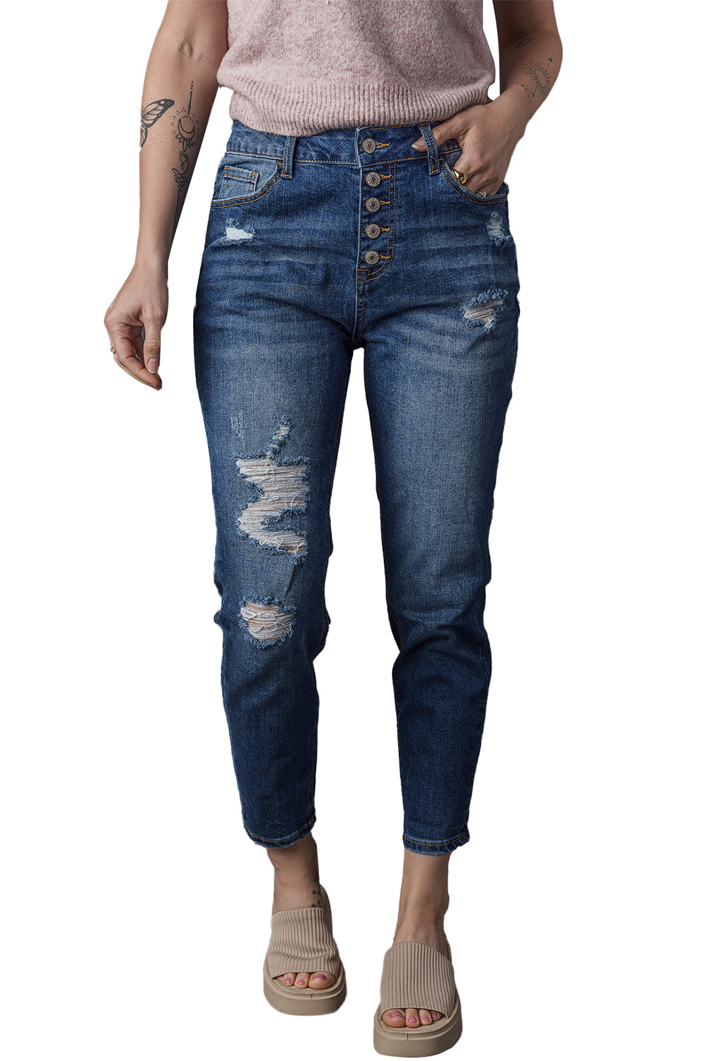 Jean skinny taille haute bleu effet vieilli avec braguette boutonnée