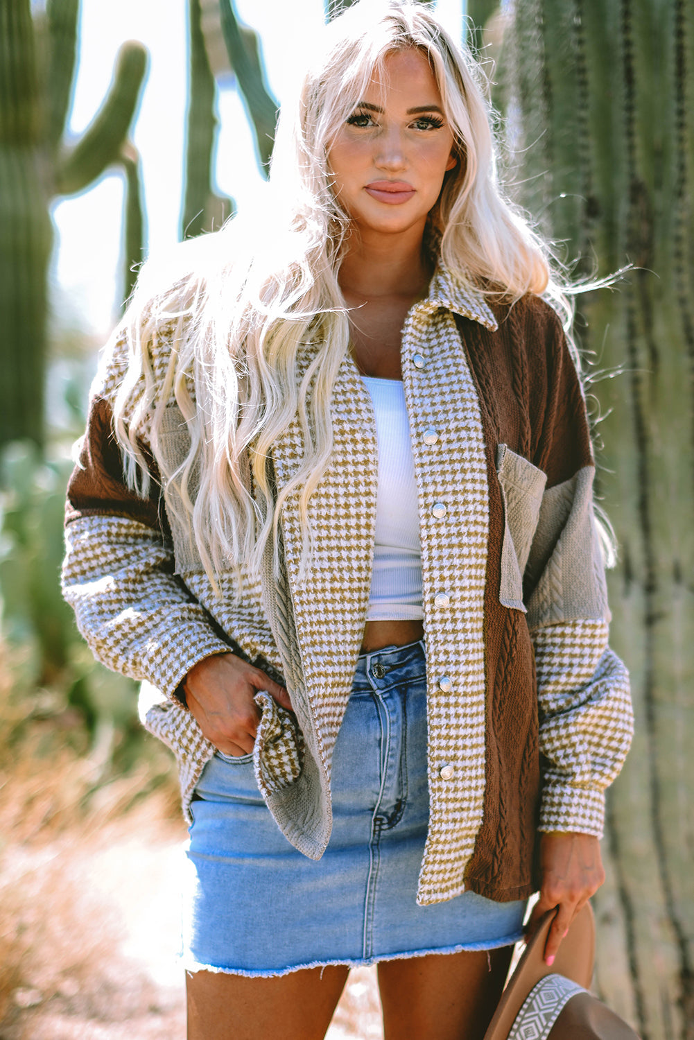 Houndstooth Color Contrast Patchwork Shacket