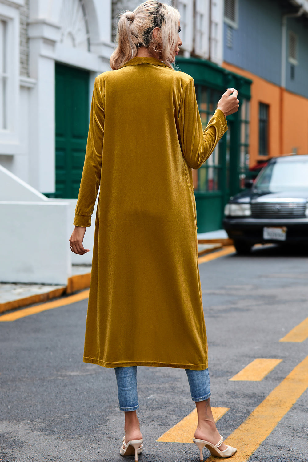Velvet Long Open-Front Pocket-Detail Duster in Yellow