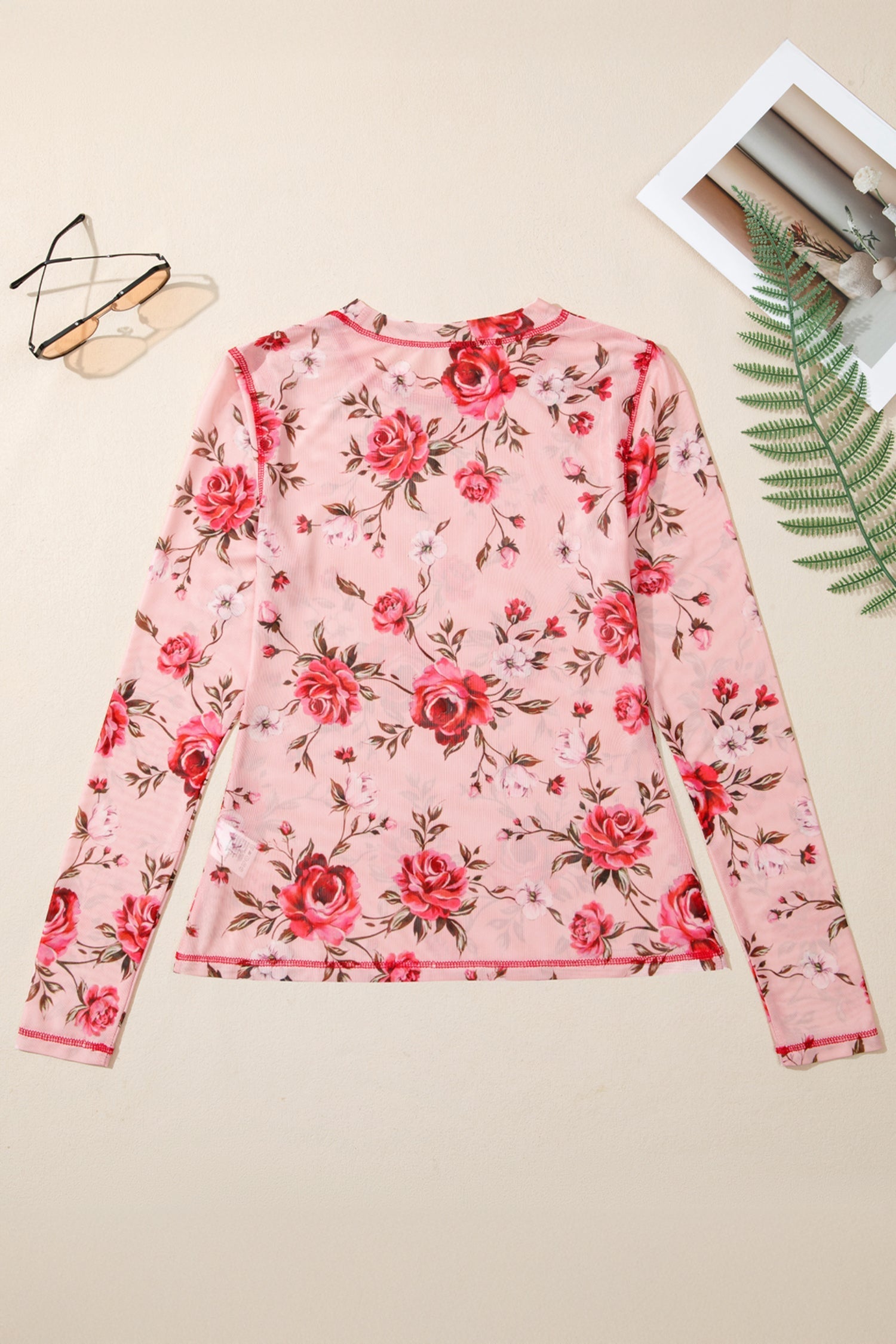 Floral-Print Detail Exposed Seam Mesh Long-Sleeved Top in Pink