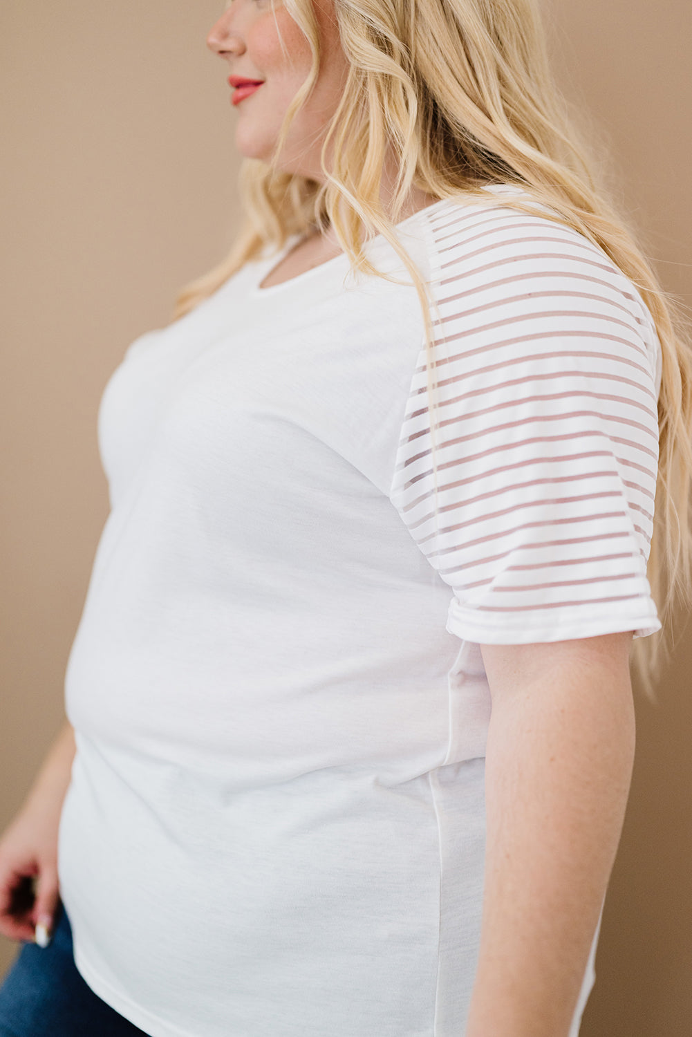 Striped Everyday White Raglan Sleeve Plus Size Tee