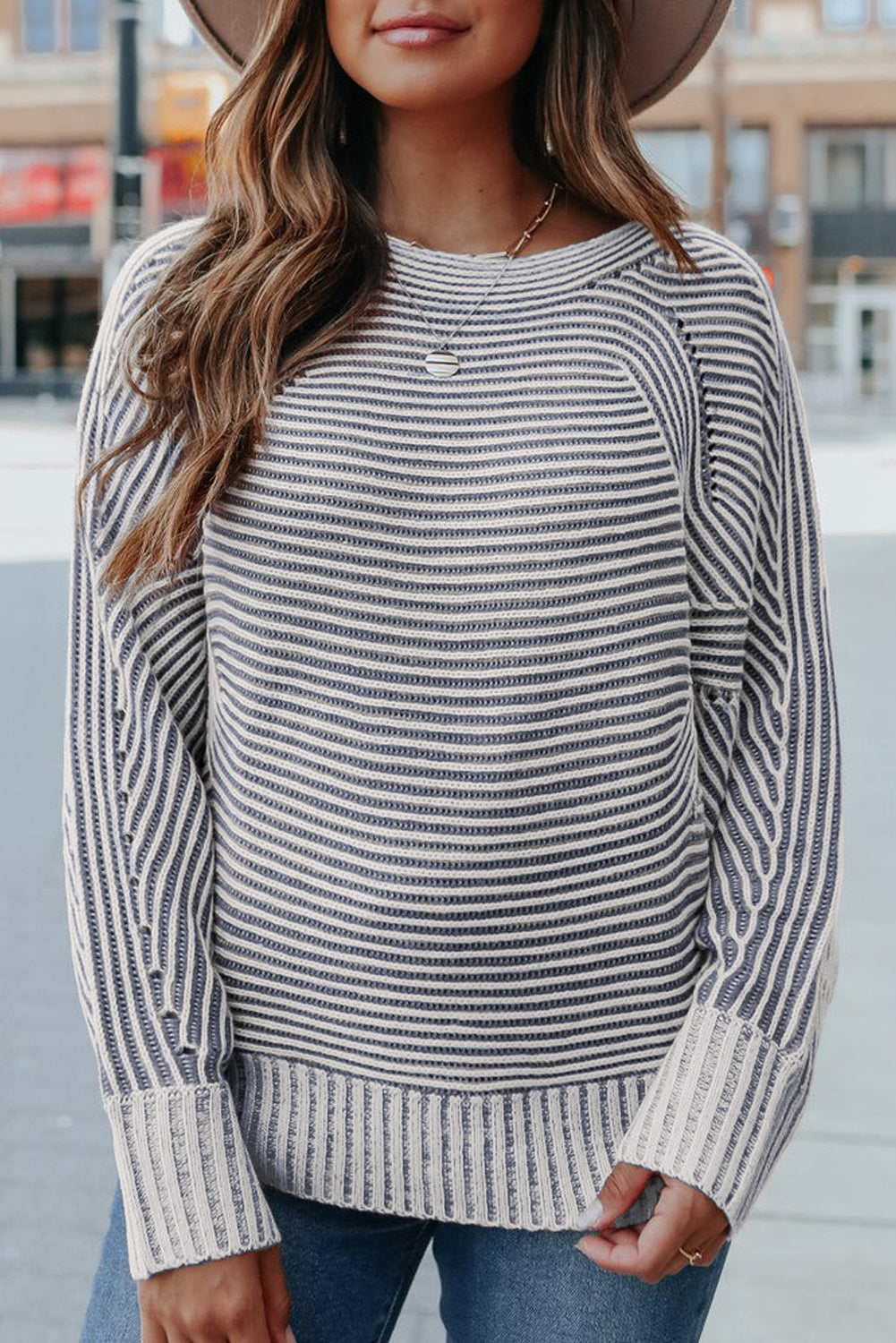 Print Rib-Knit Striped Rib-Knit Knit Boat Neck Baggy Knit Top