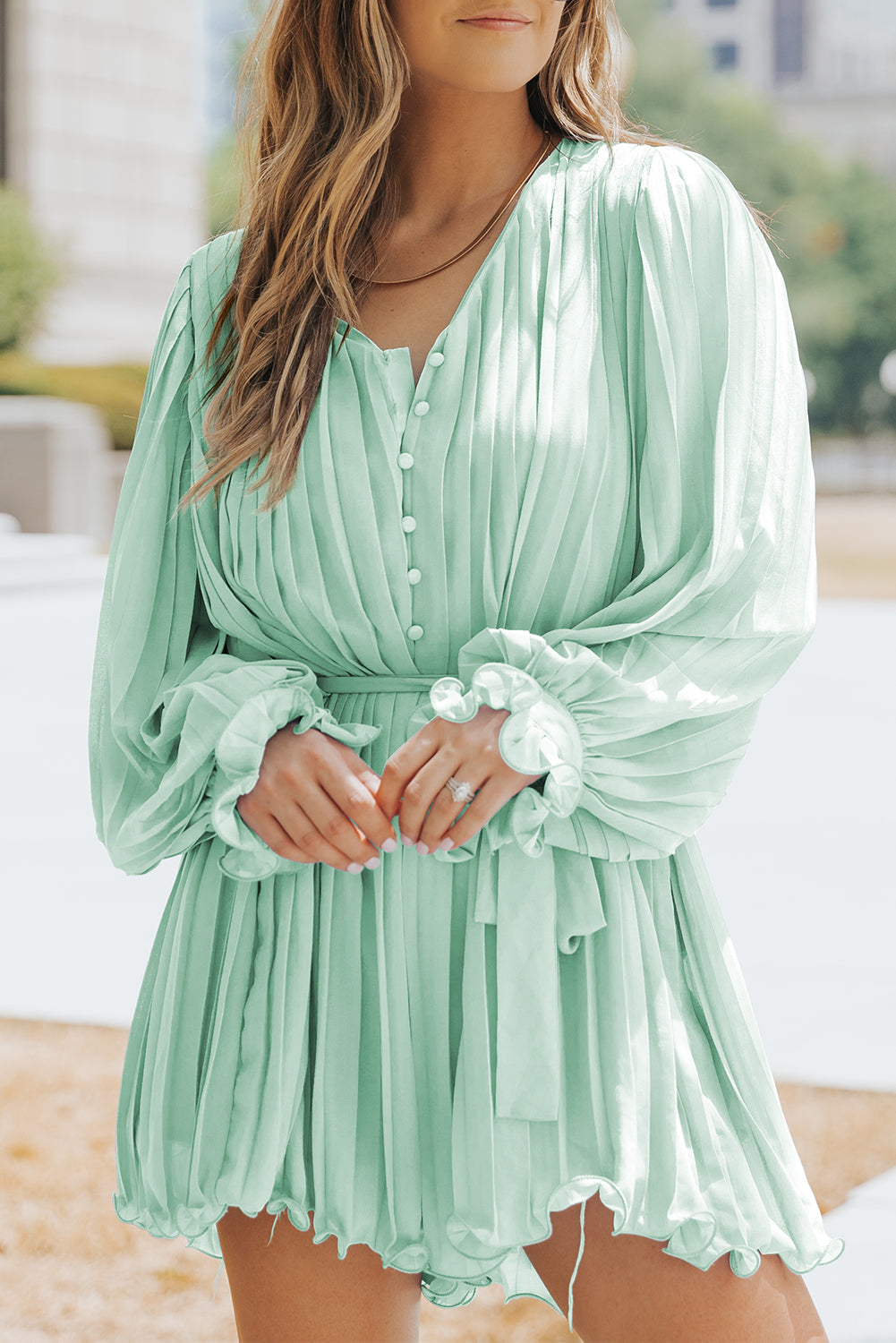 Women's Romper Featuring Buttons V Neck Ruffle-Trimmed Tie Waist