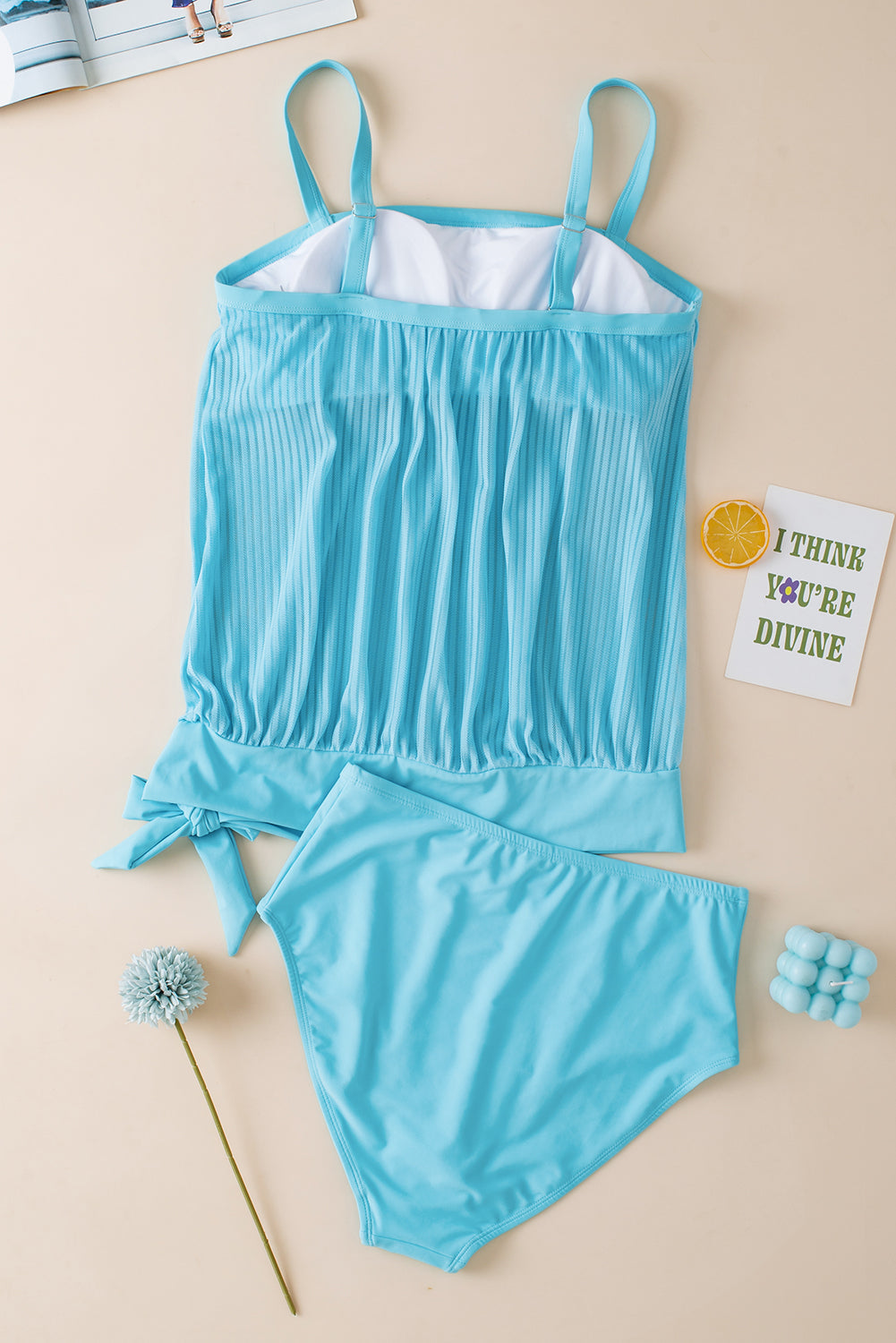 Mesh Turquoise Striped Knotted Hem Tankini Swimsuit