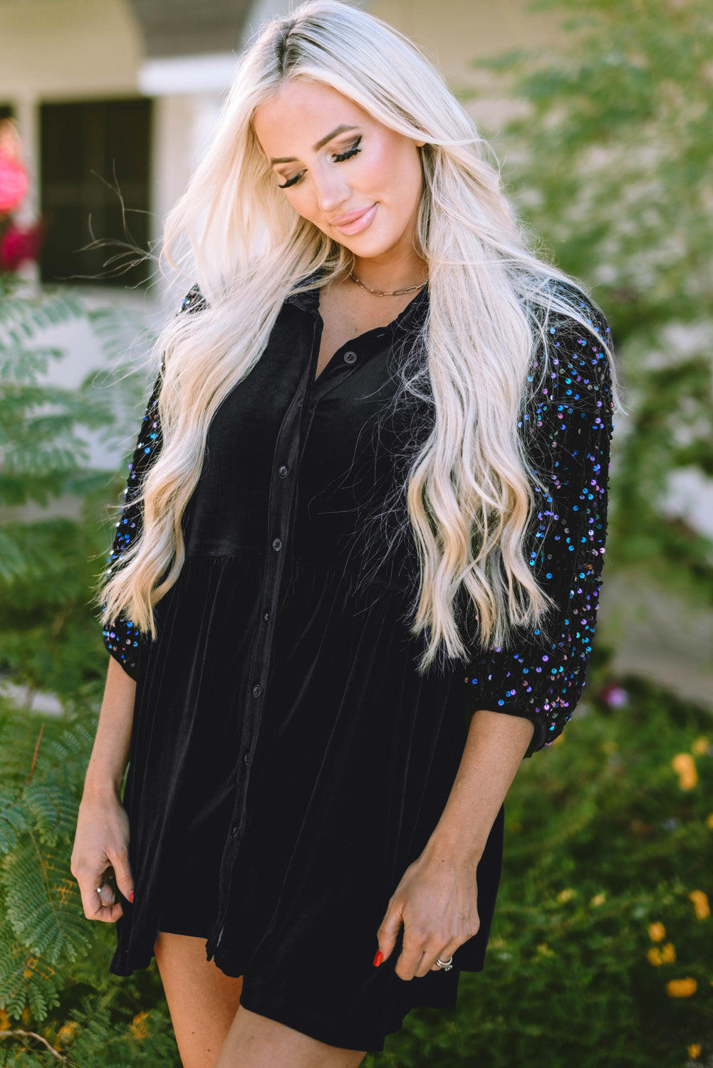 Shirt for Women Sequin Button-Front Velvet Peplum