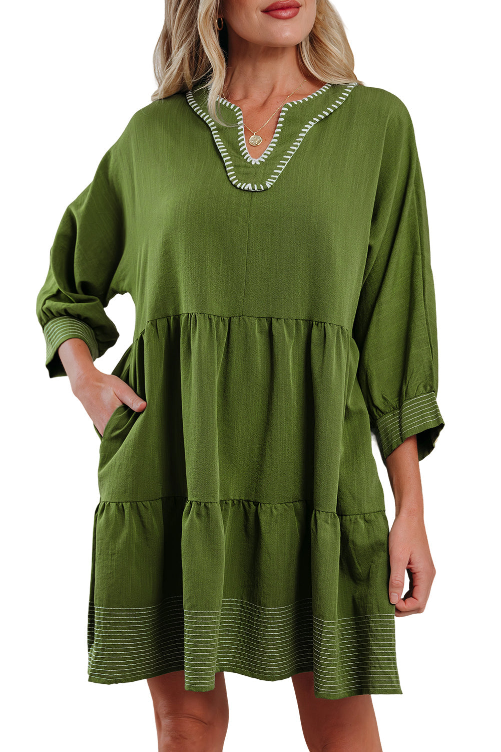 Contrast Stitched V-Neck 3/4 Sleeve Tiered Mini Dress