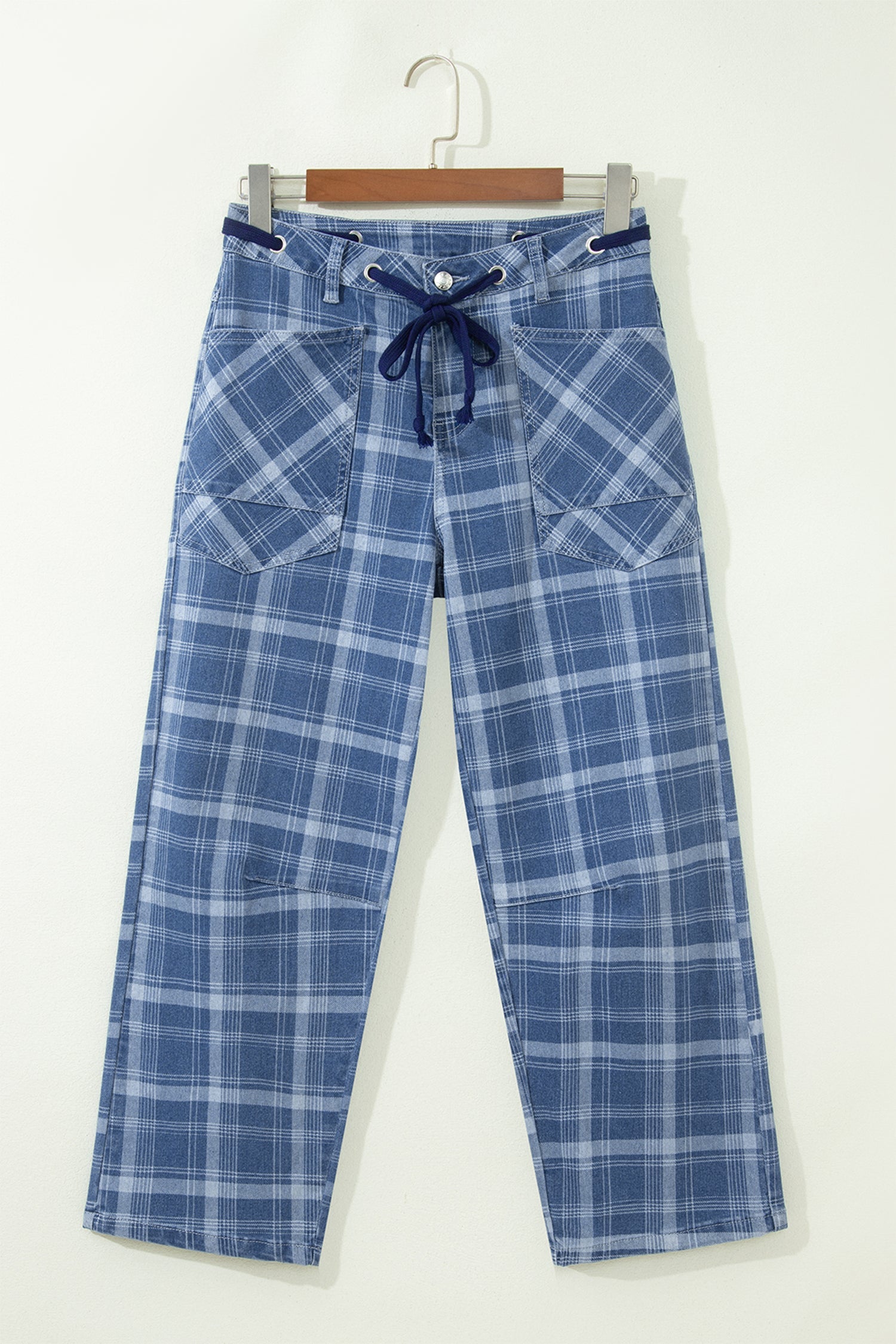 Denim Grommet Plaid Grommet Drawcord Waist Ankle-Length Jeans in Sky Blue