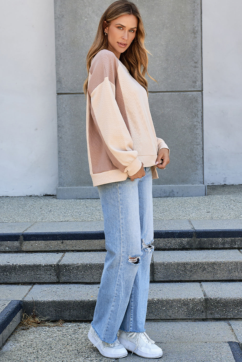 Waffle High Colorblock High Low Raglan Sleeve Sweatshirt