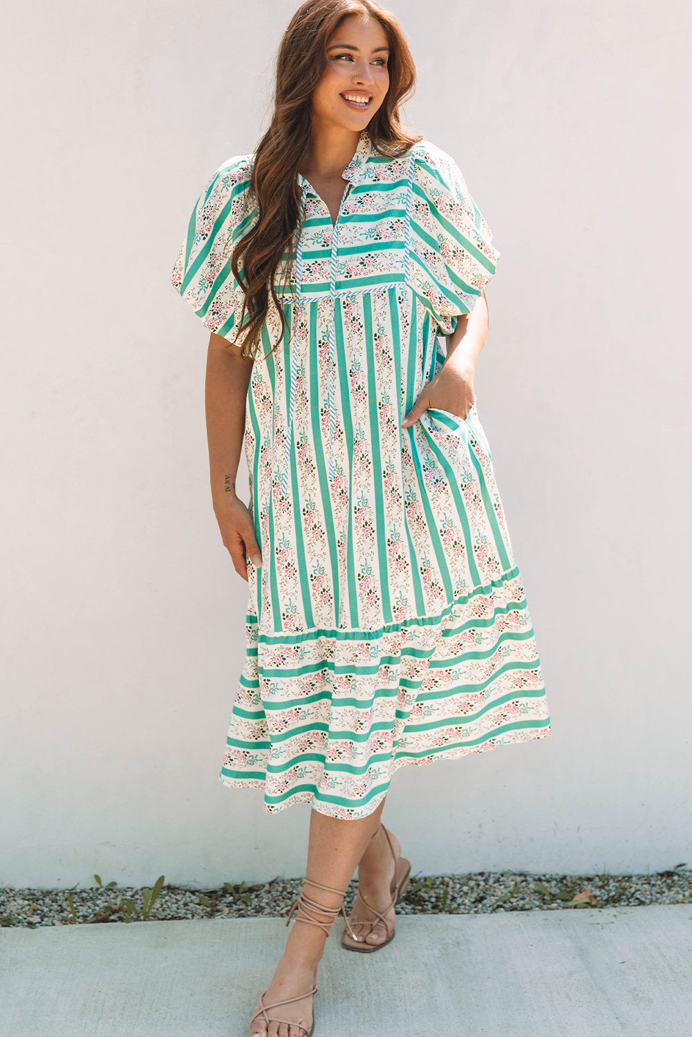 Striped Floral Print Tie Split Neck Puff Sleeve Midi Dress