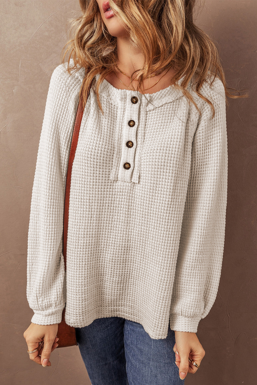 Blouse ample à manches raglan boutonnée sur le devant en tricot gaufré