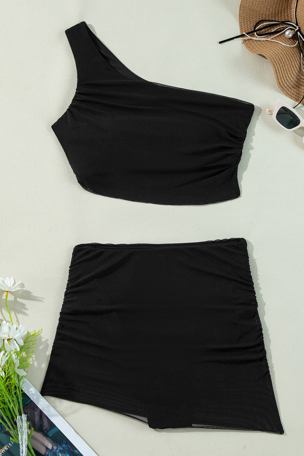 Pleated Mesh One Shoulder Bikini Top and Skirts Set