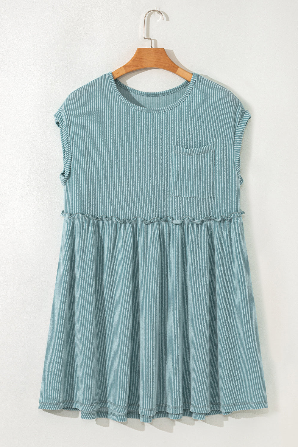 Knit Textured Corded Textured Patched Pocket Frilled Swing Mini Dress Featuring Pockets