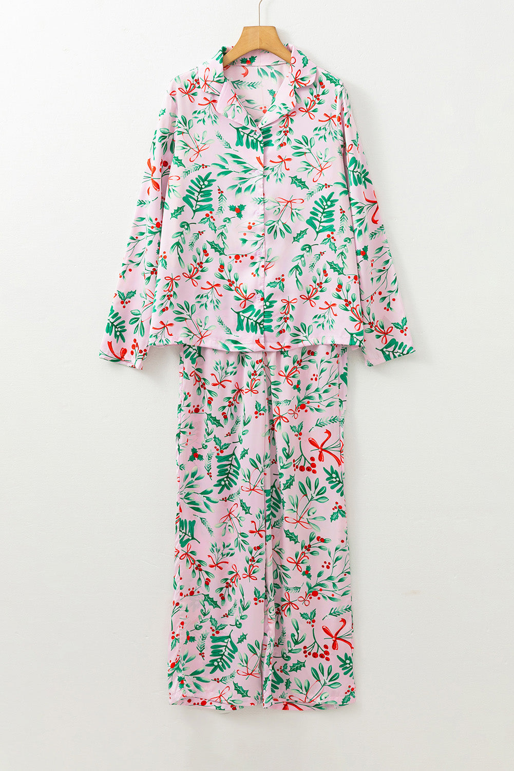 Plant Christmas Berries Print Satin Long-Sleeved Pajama Set