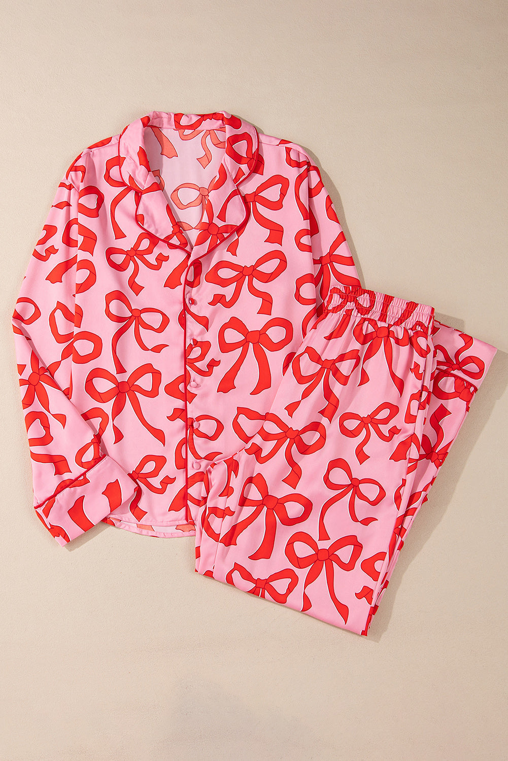 Bow Print 2pcs Print Shirt Style Long-Sleeved Pajama Set