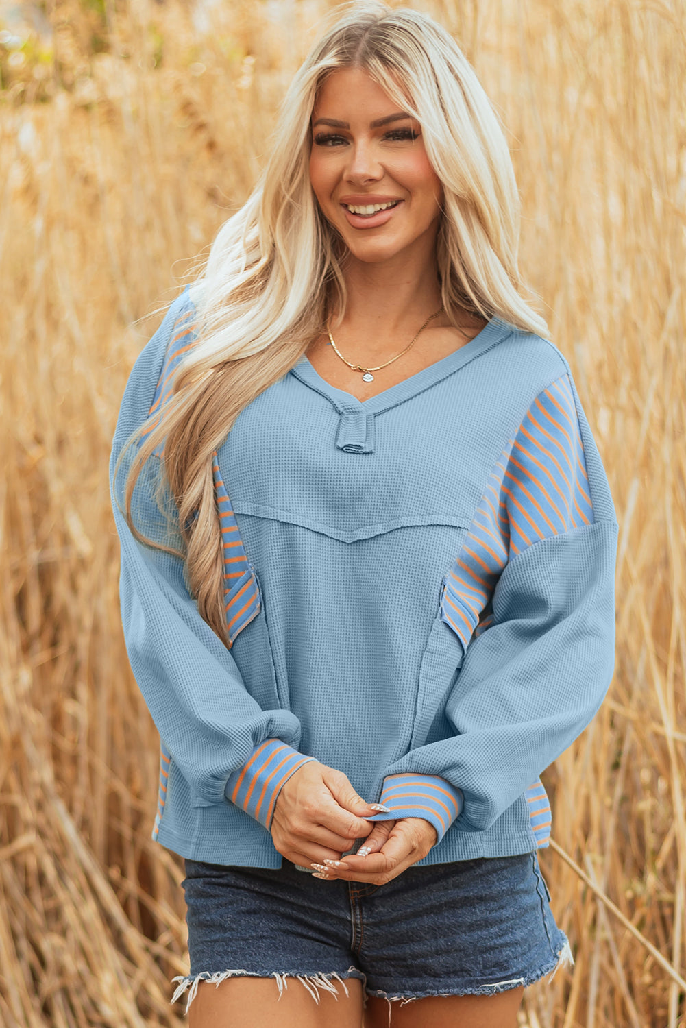 Seam Waffle Exposed Waffle Striped Patchwork Baggy Pullover in Blue