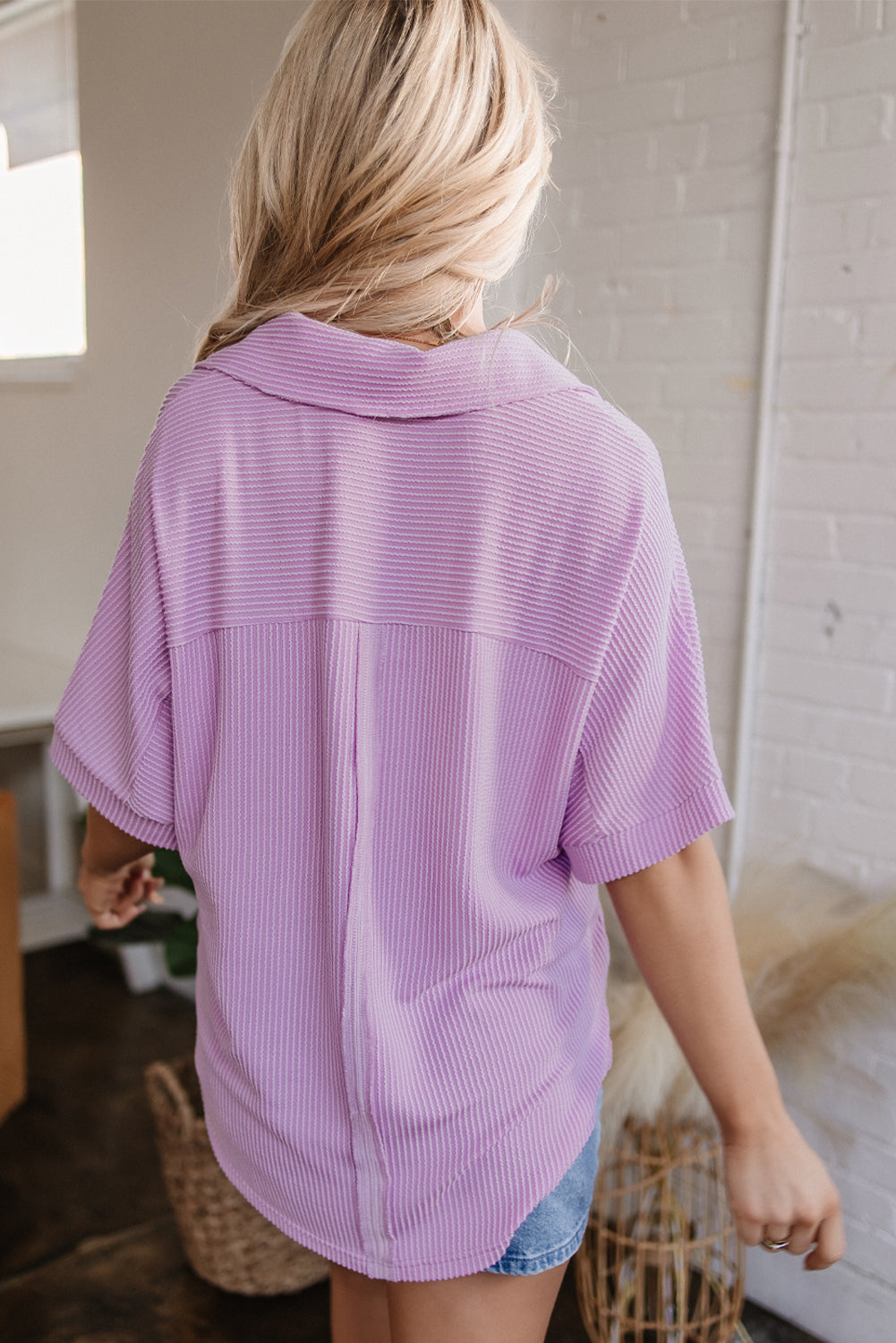 Corded Flap Pocket Collared Short Sleeve Blouse