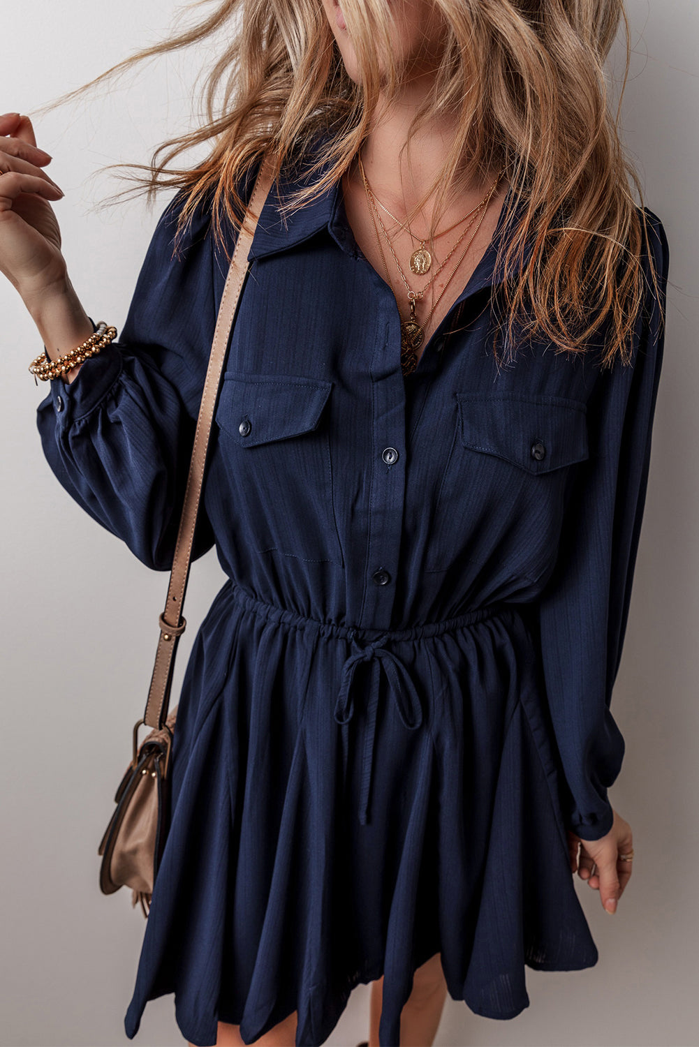 Women's Tunic Shirt Chest-Pocket Detail Mini Dress
