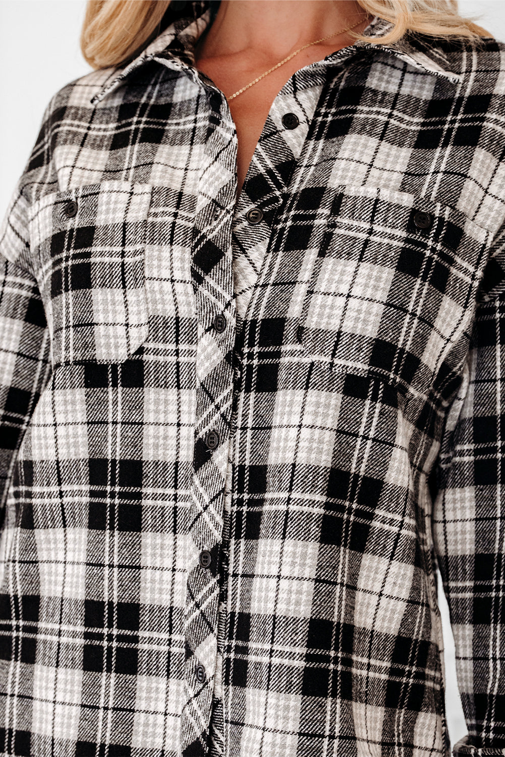 Chest Plaid Print Pockets Button-Front Shirt