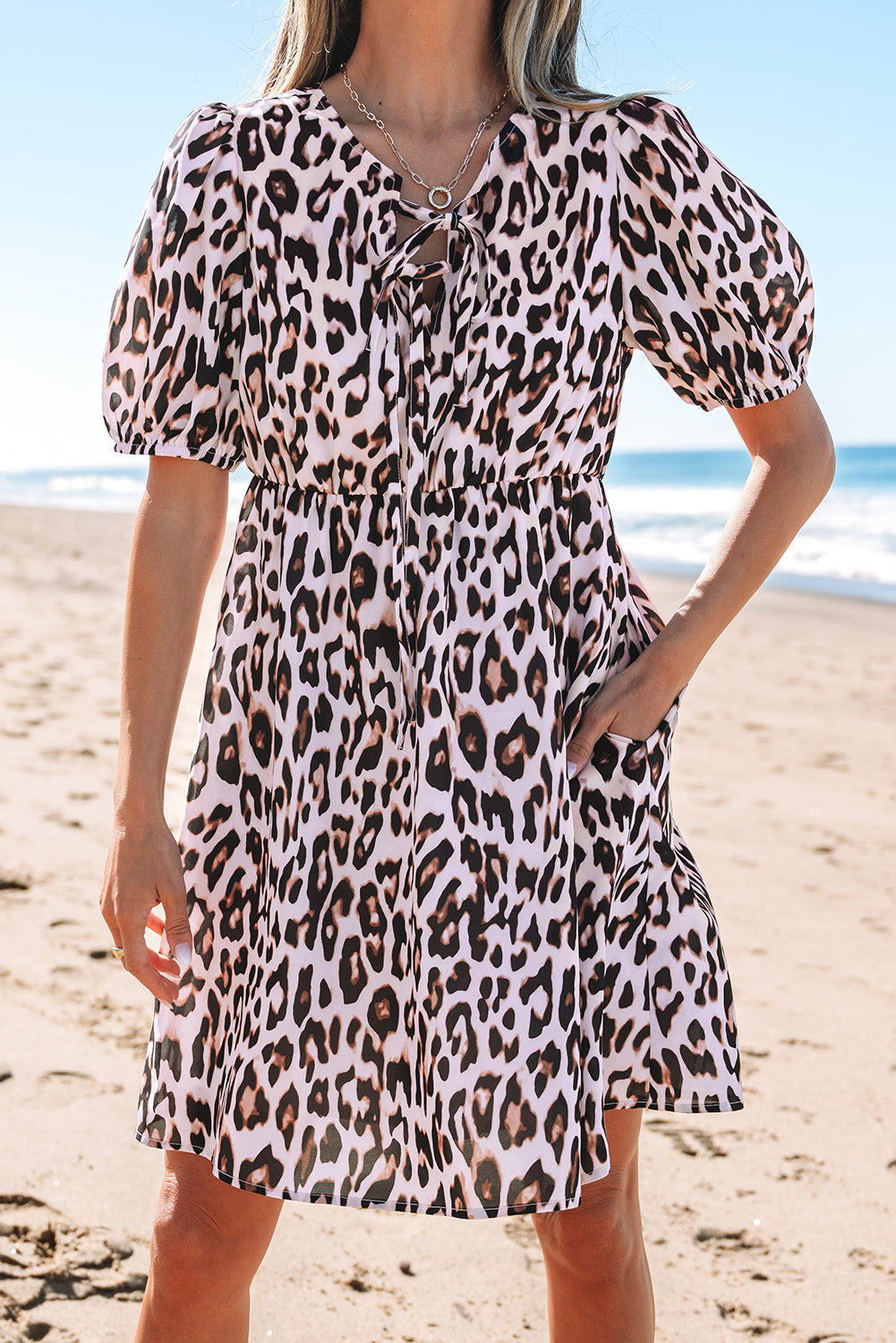 Leopard Keyhole Puff Short Sleeve Mini Dress