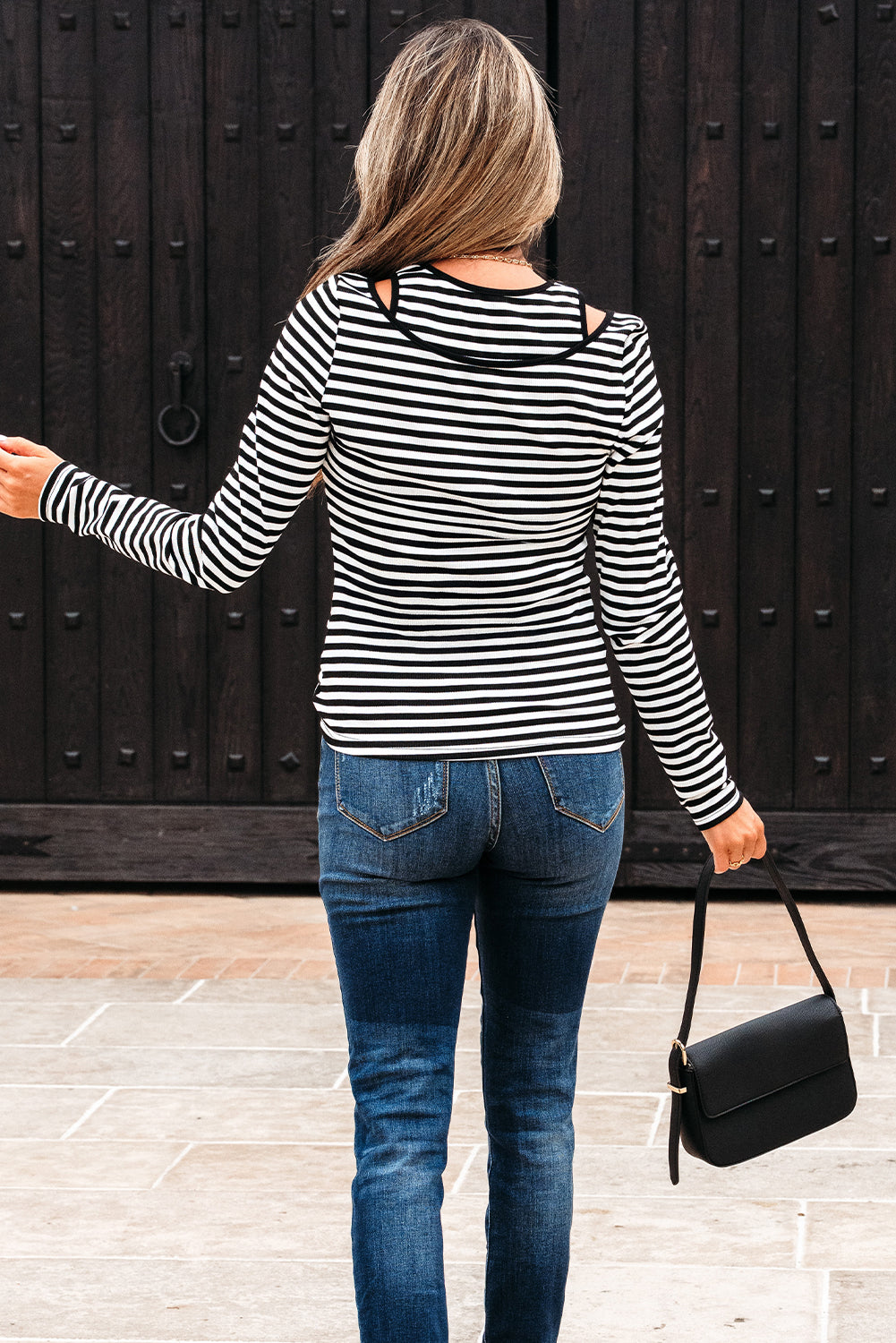Stripe Double-layer Cold Shoulder Long-Sleeved Top in Black