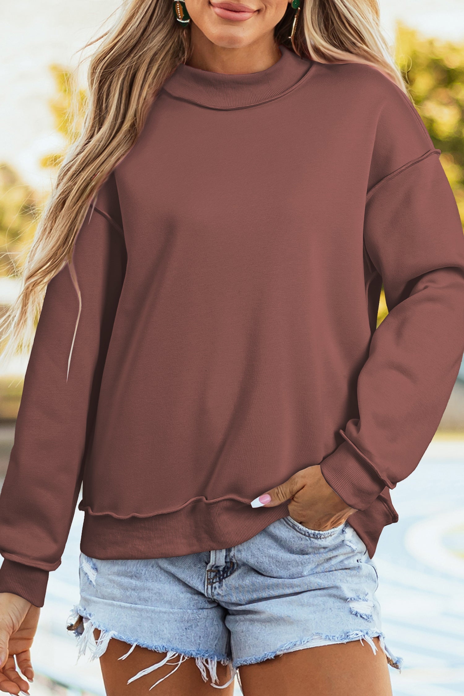 Coffee Reversible Oversize Drop-Shoulder Mock-Neck Sweatshirt