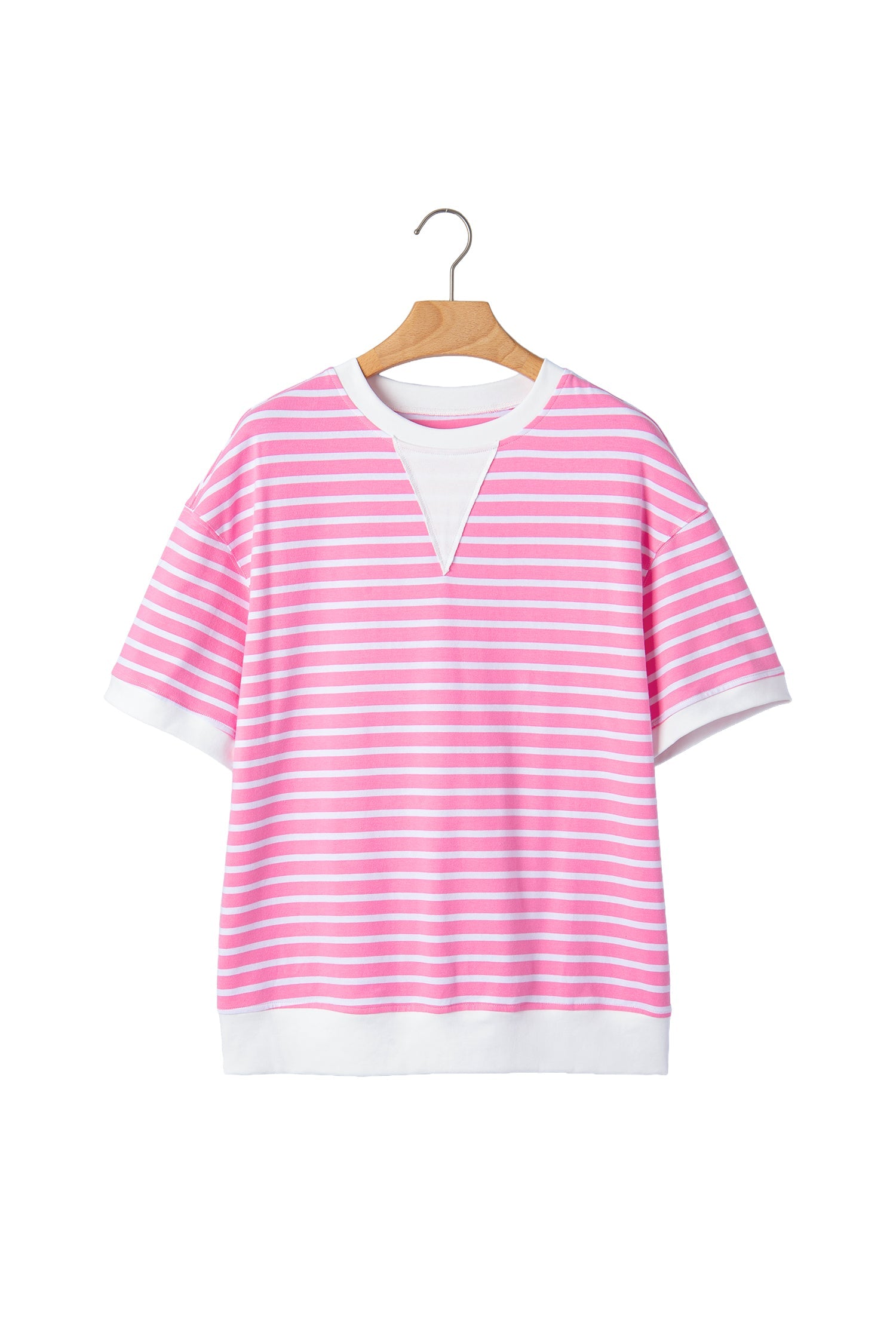 Round-Neck Short-Sleeved Stripe Short-Sleeved Loose Top in Pink