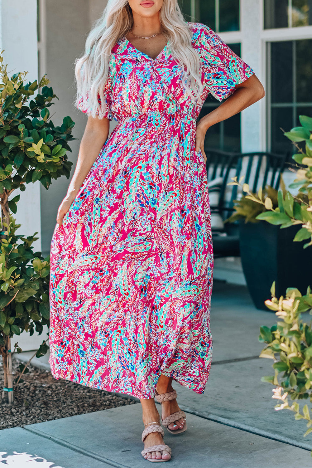 Women's Floral-Print Wrap V Neck Maxi Dress