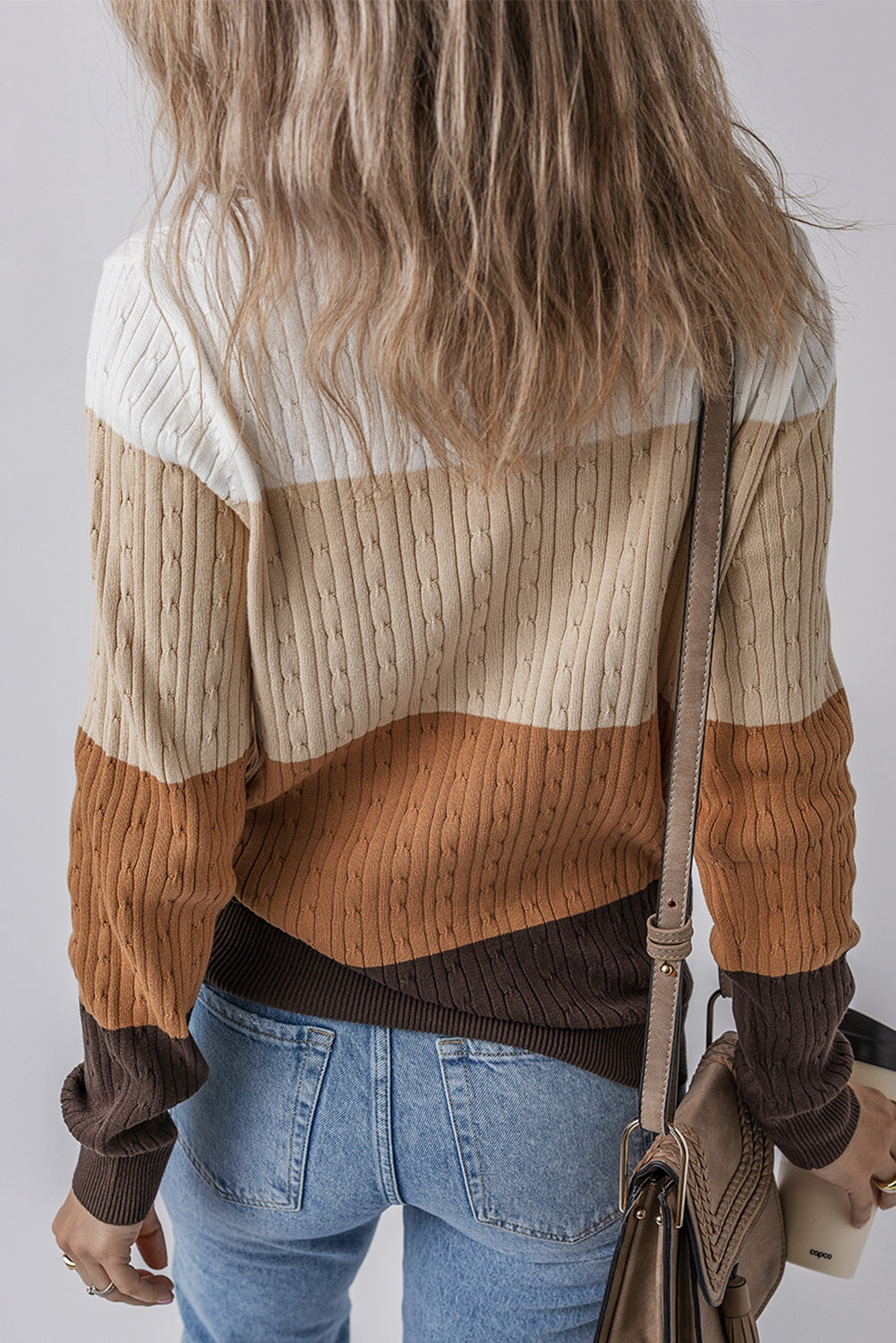 Colorblock Knit Round-Neck Cable Knit Top in Khaki