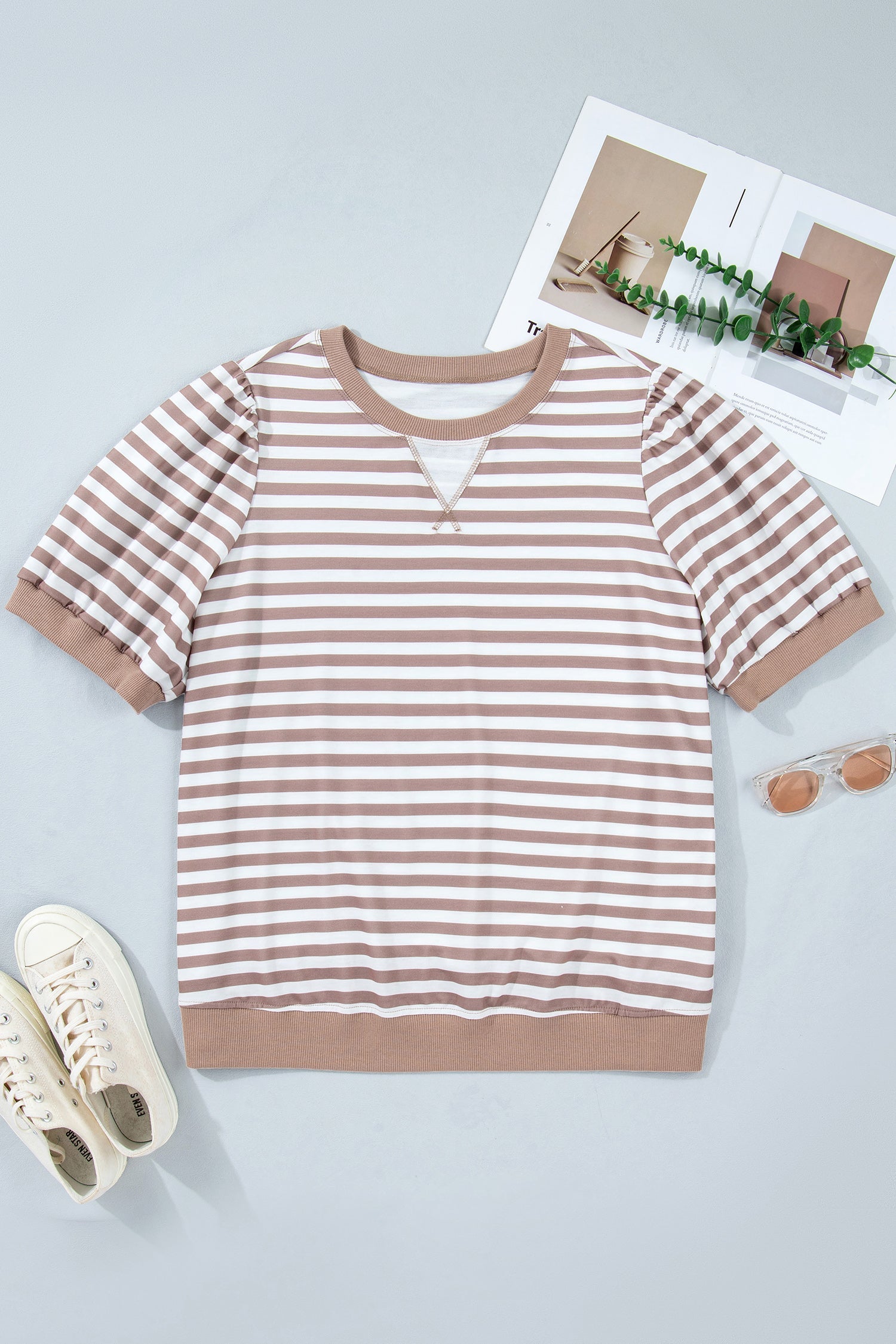 Stripe Round-Neck Rib-Knit Trim Short Puff Sleeve Plus T Shirt in Orange