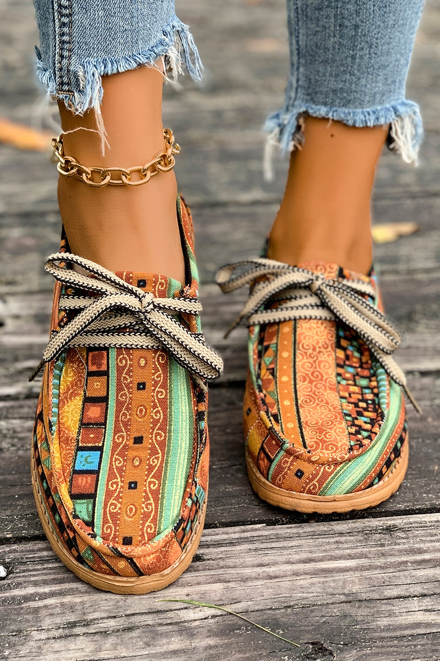 Artistic Print Ethnic Print Lace-up Detail Comfort Loafer Shoes